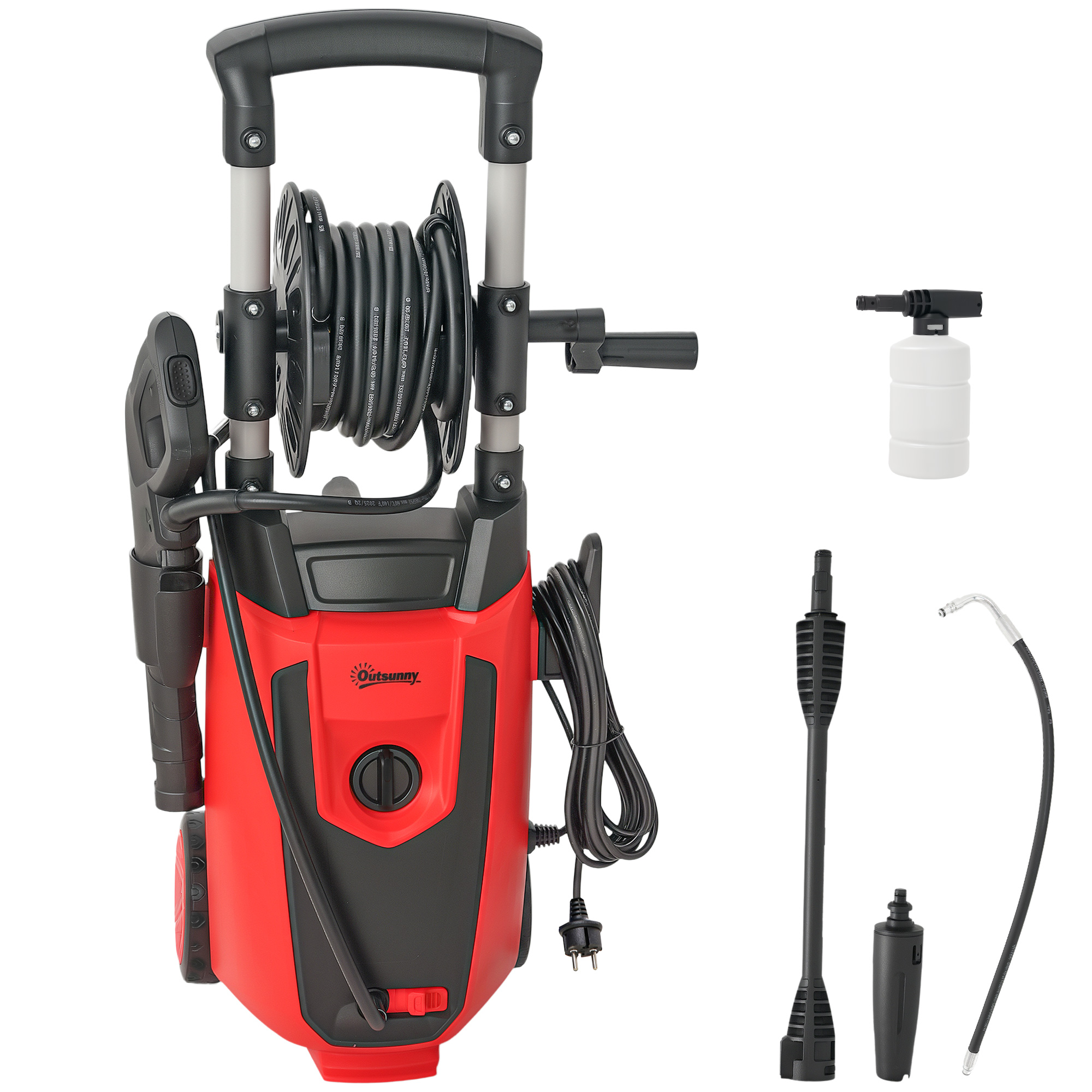 Outsunny Hochdruckreiniger 1800 W, 150 bar, 420 L/h, mit Aluminium-Pumpe, Automatische Abschaltung, 6 m Schlauch, inkl. Schaumflasche und verstellbarer Düse, Rot und Schwarz Aosom