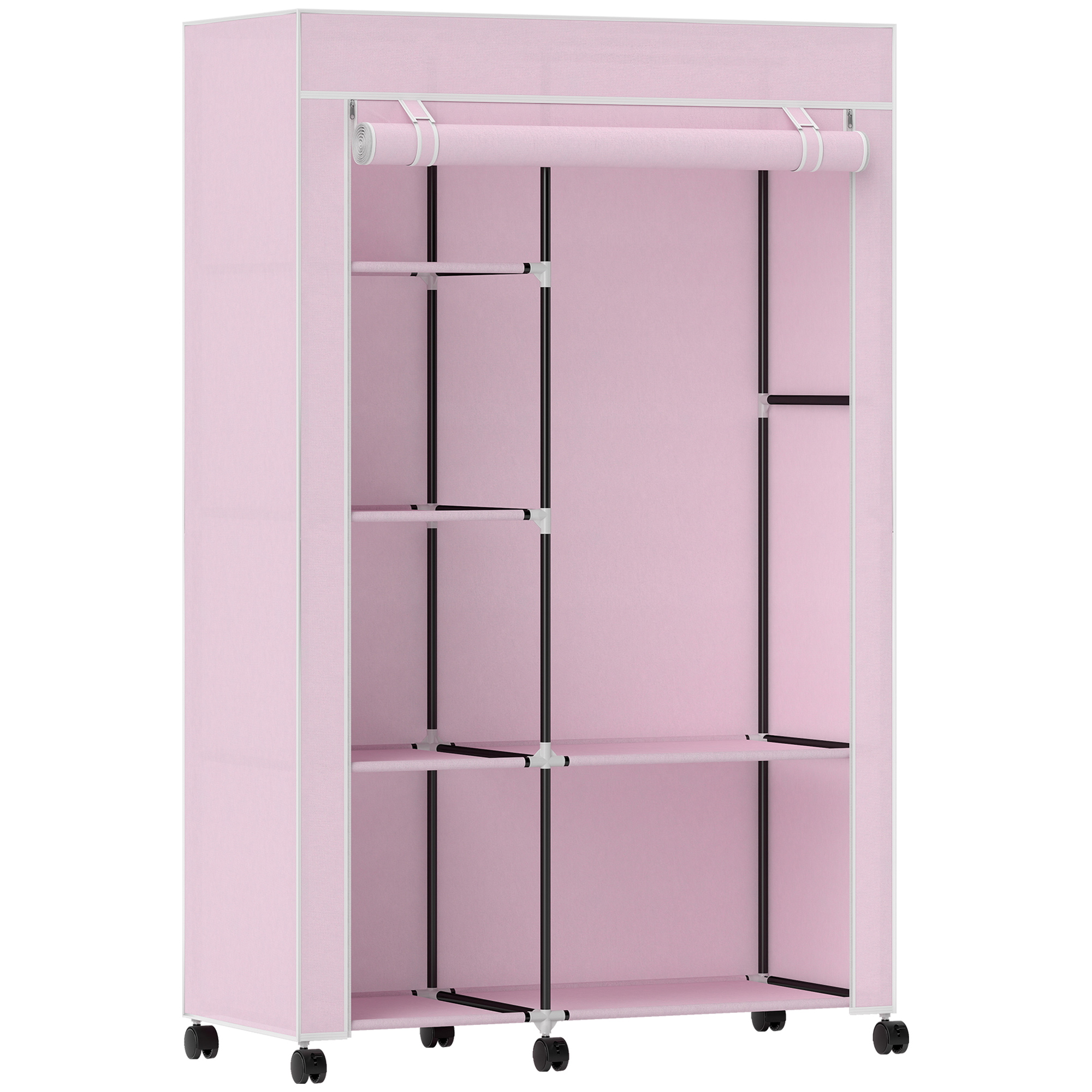 HOMCOM Stoff-Kleiderschrank mit Rollen, tragbarer Schrank, mit Kleiderstange, 6 Regalen, Stahlrahmen, für Schlafzimmer, Ankleidezimmer, 103x43x162,5 cm, Rosa   Aosom