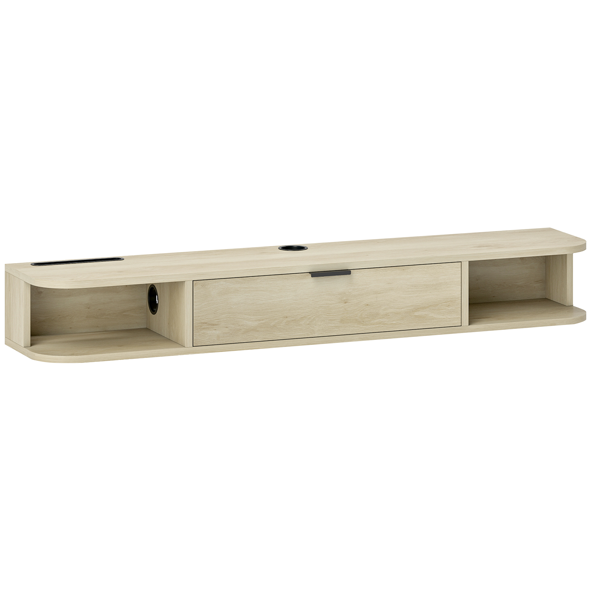 HOMCOM Wandhängendes TV-Möbel, TV-Möbel für Wohnzimmer mit Klappschublade, 2 offene Regale, Kabelmanagement, Modernes Design, für Fernseher bis 127 cm, 120x24x16 cm, Naturholz Aosom