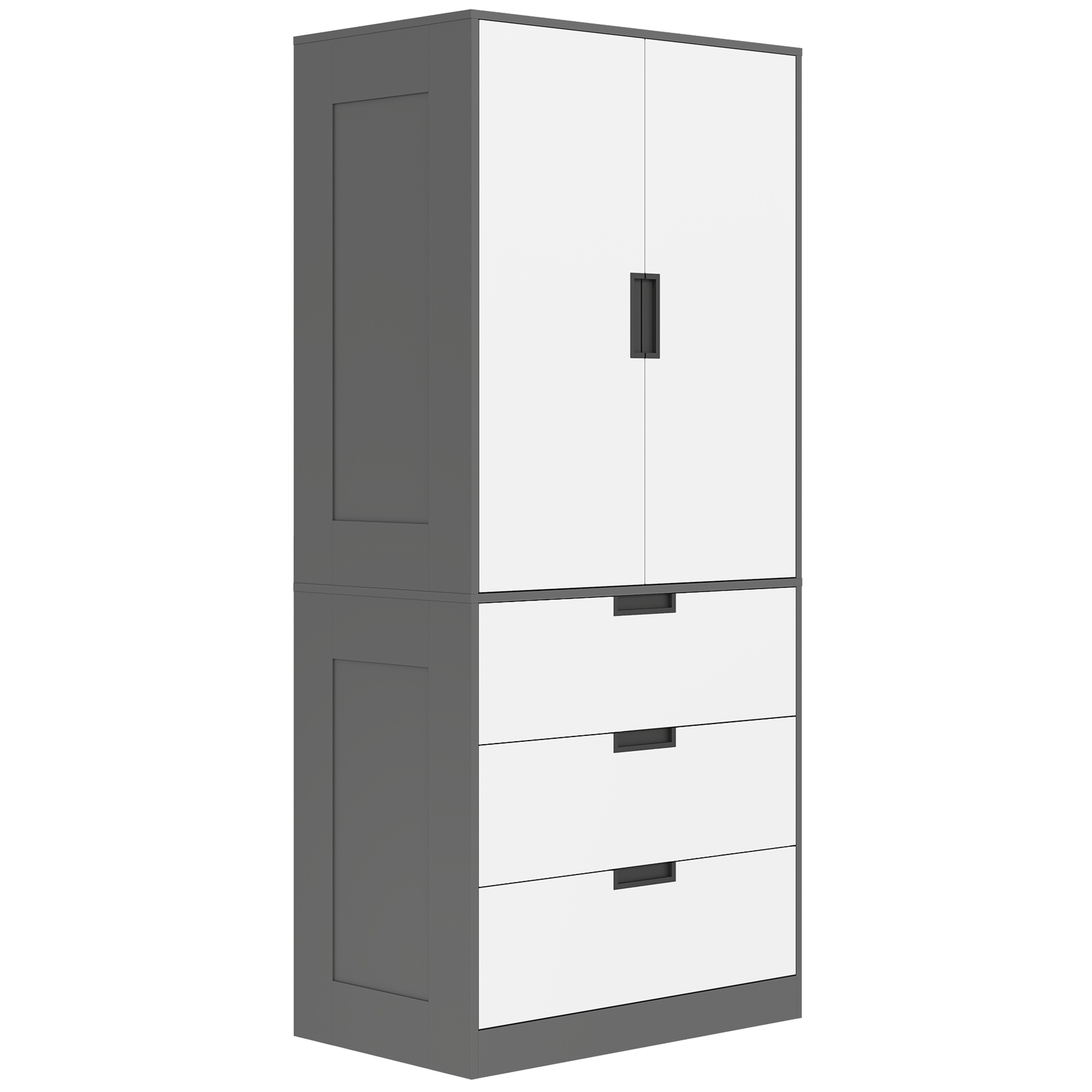HOMCOM Kleiderschrank mit 2 Soft-Close-Türen, 3 Schubladen und Kleiderstange, moderner Kleiderschrank für Schlafzimmer, 80 x 50 x 180 cm, grau und weiß   Aosom