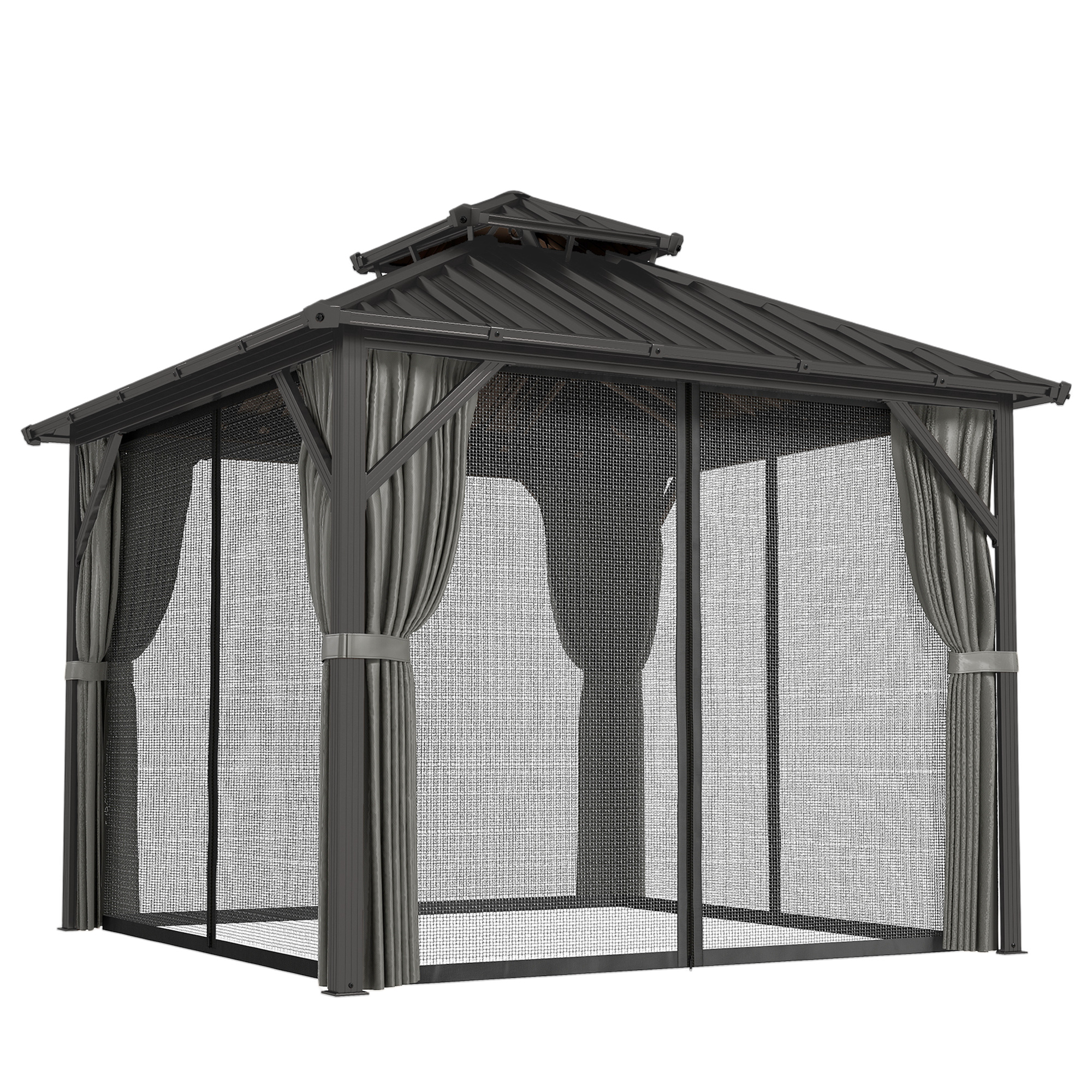 Outsunny Pavillon 3 x 3 m mit Hartdach aus feuerverzinktem Stahl, UPF50+ Schutz, Aluminiumrahmen, Vorhänge und Moskitonetz, Deckenhaken, Dunkelgrau   Aosom