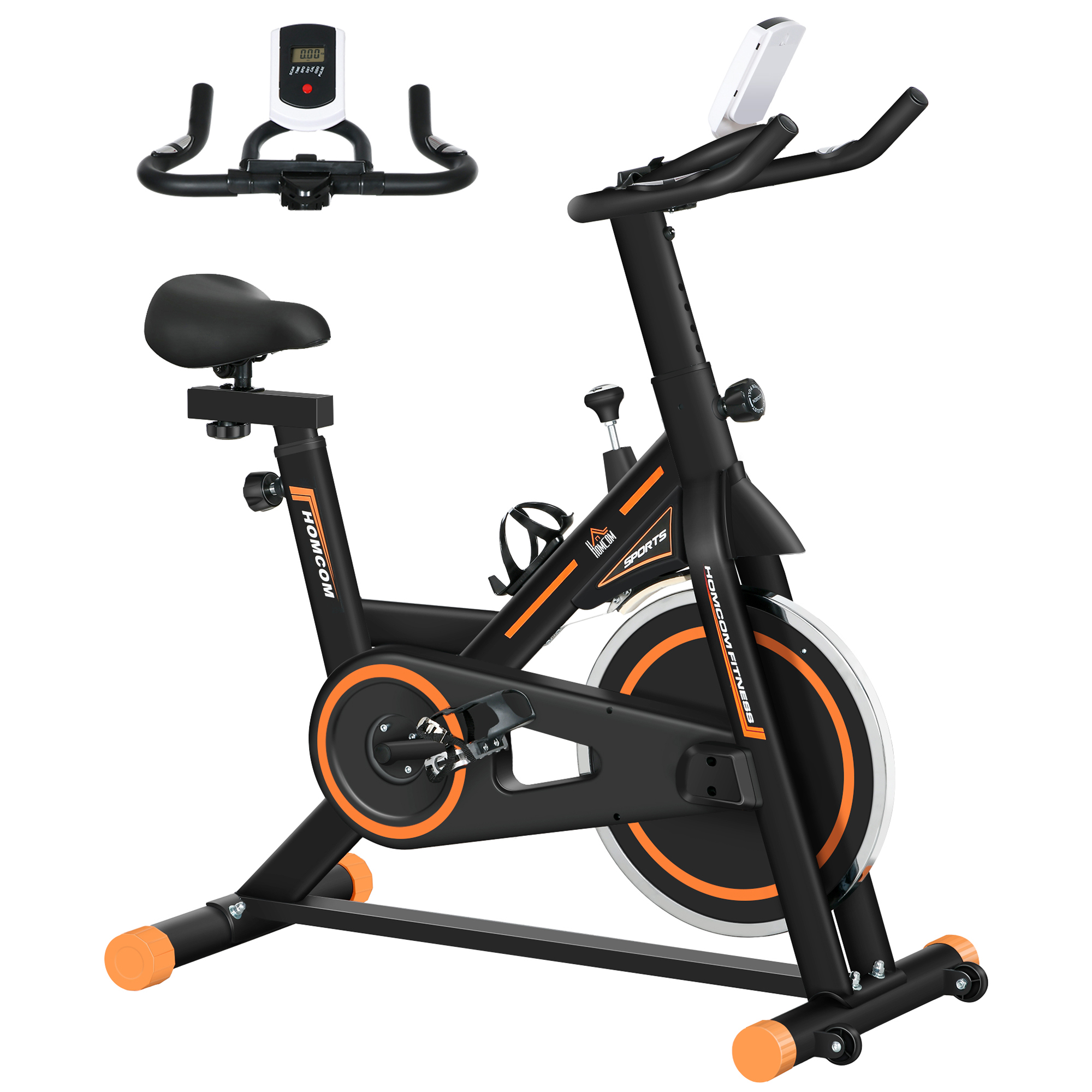 HOMCOM Heimtrainer für Zuhause, leises Indoor-Fitnessrad mit LCD-Bildschirm, verstellbarer Widerstand, Lenker und Sitz verstellbar, stationär für Zuhause, Belastung 120 kg, schwarz und orange Aosom