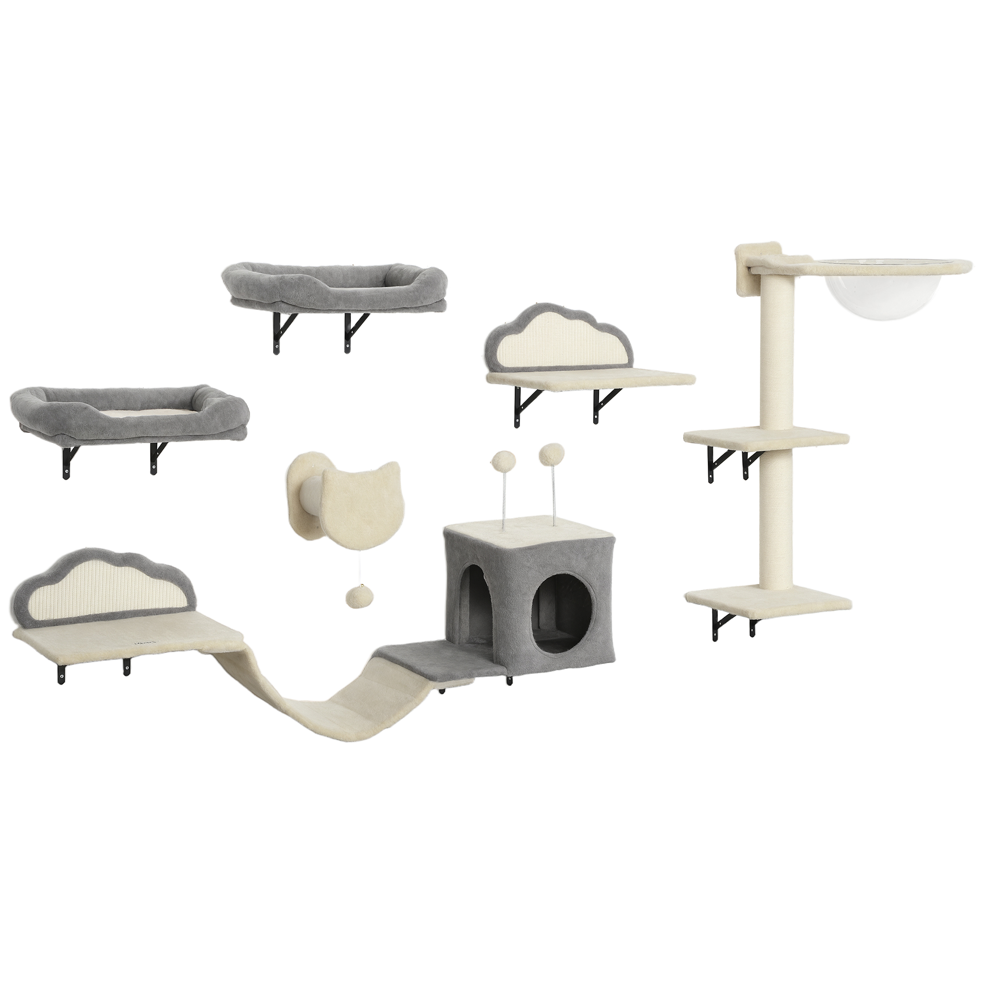 PawHut Wand-Katzenregale, 6-teiliges Wandmöbel-Set, Acryl-Blasen-Hängematte, Höhle, Hängematte, Leiter und Sisal-Kratzbereich, stabiler Wand-Kratzbaum für Wohnungskatzen, Beige   Aosom