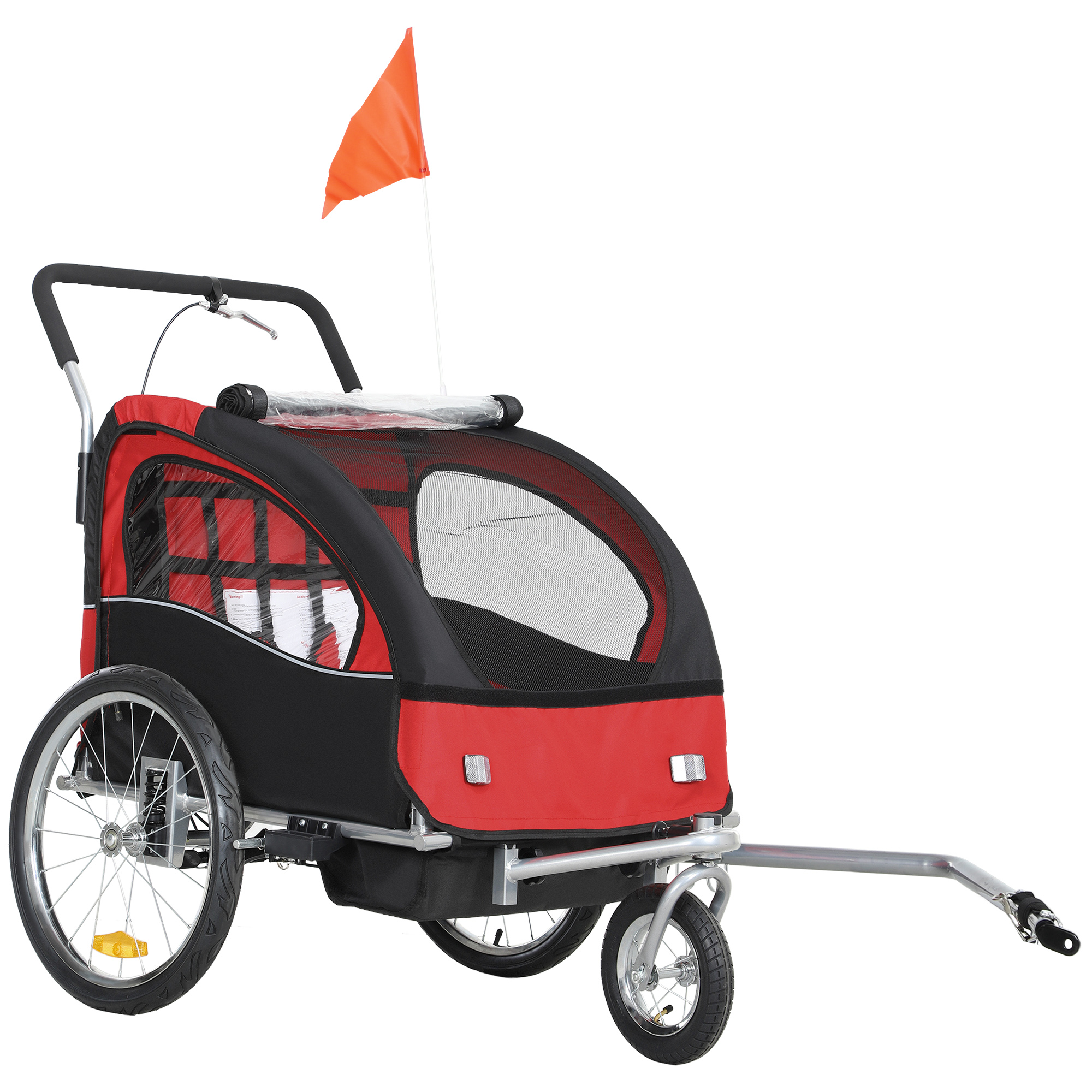 HOMCOM Fahrradanhänger für Kinder 2-in-1 Kinderwagen Fahrradanhänger 2 Sitze mit 5-Punkt-Sicherheitsgurt, Reflektoren, Fahne und Windschutz, Traglast 40 kg, rot   Aosom
