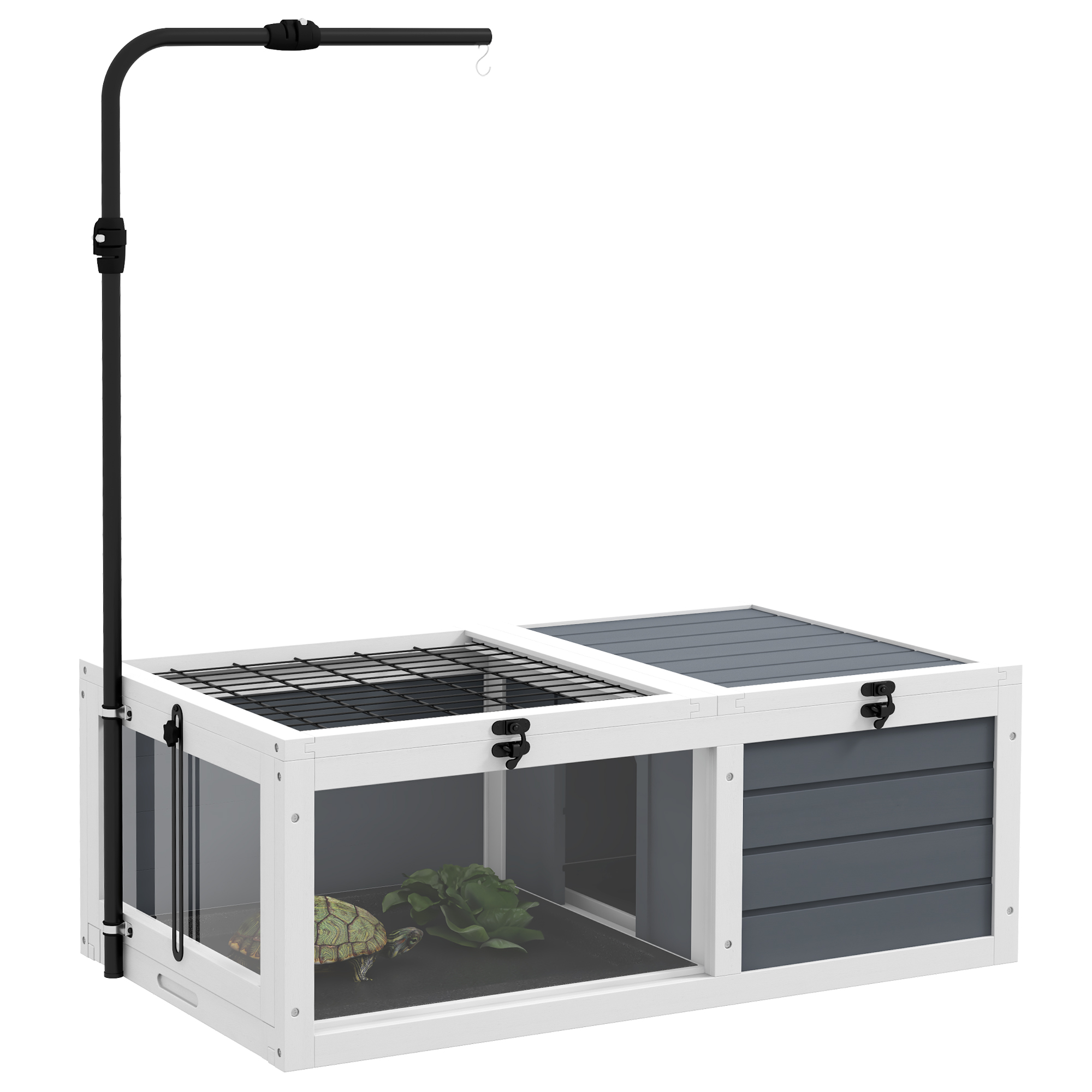 PawHut Haus Gehege Käfig für Kleintier Schildkröte mit 2 Bereichen, verstellbarem Lampenhalter, 2 herausziehbaren Schalen, 81 x 48 x 31,5 cm - graues Massivholz Aosom