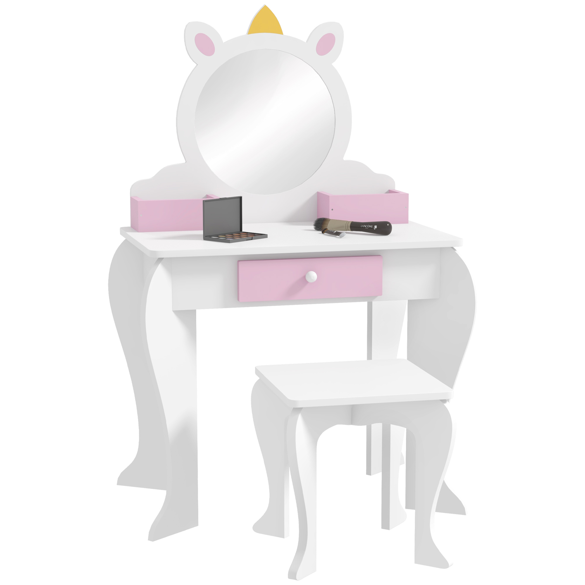 ZONEKIZ Kinder-Schminktisch mit Hocker und Spiegel, Schminktisch für Mädchen mit Schublade, Fächern, Einhorn-Design, Schminktisch für Kinder 3-6 Jahre, Weiß   Aosom