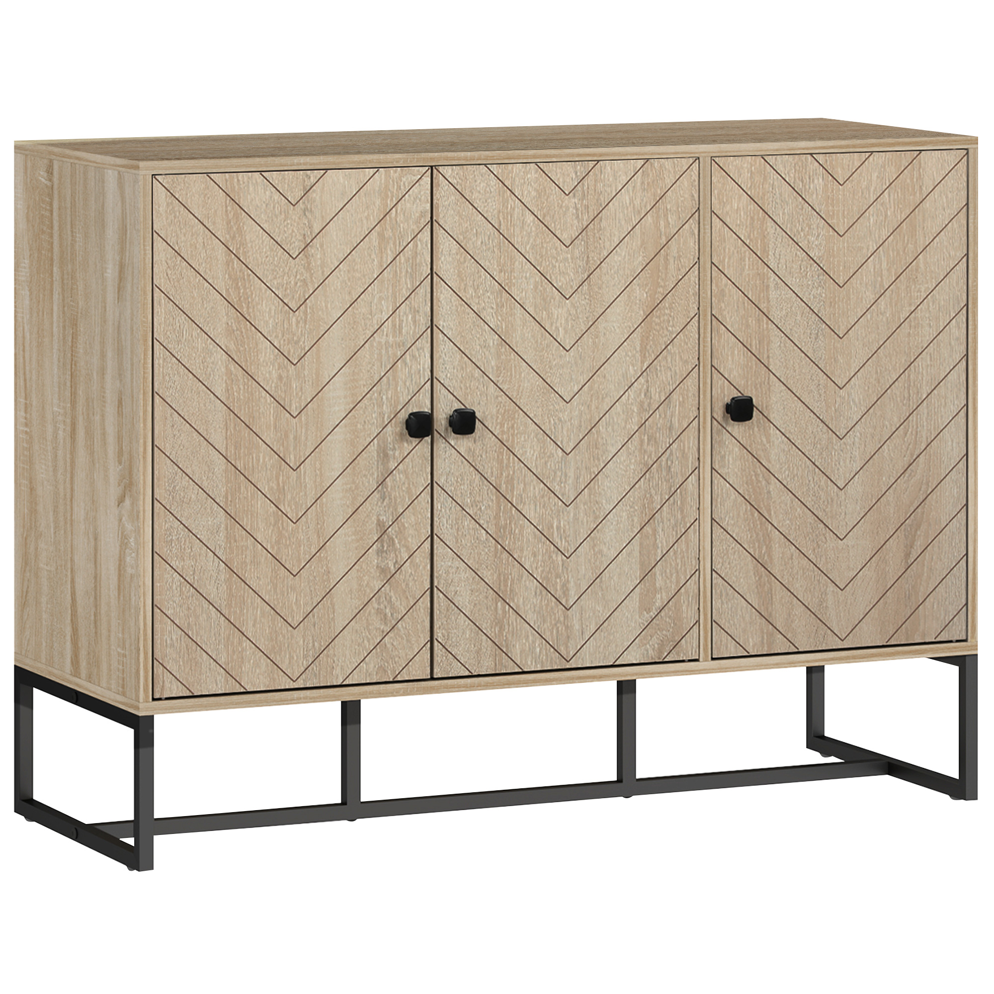 HOMCOM Sideboard Wohnzimmer Aufbewahrungsmöbel Küchenschrank mit Schranktüren und verstellbarem Fach, Chevron-Muster, Metallfuß, moderner Stil, Buffet für Ess- und Wohnzimmer, 108 x 40 x 80 cm, Eiche   Aosom
