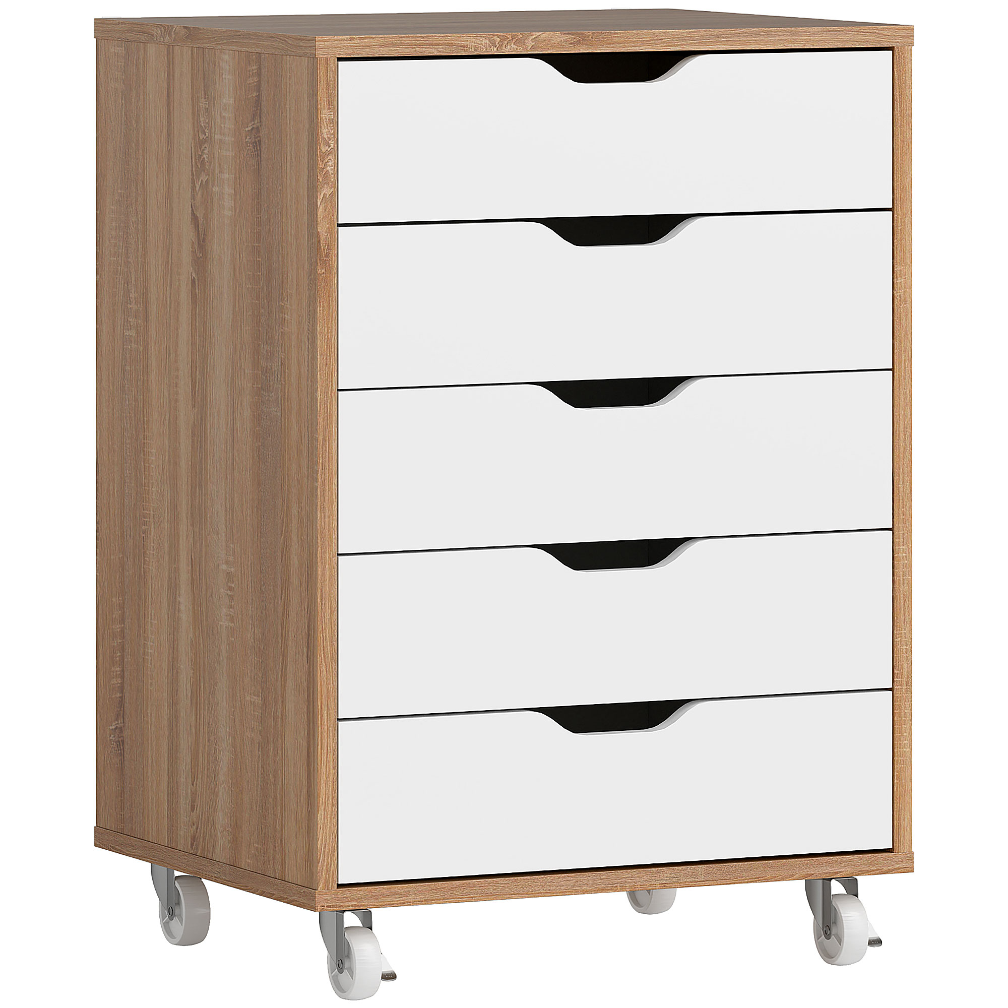 Vinsetto Rollcontainer mit 5 Schubladen, Aufbewahrungsmöbel auf Rollen für Dokumente und Drucker, Rollcontainer für Arbeit oder Schlafzimmer, 47,5 x 39,5 x 67,5 cm, weiß und Eiche   Aosom