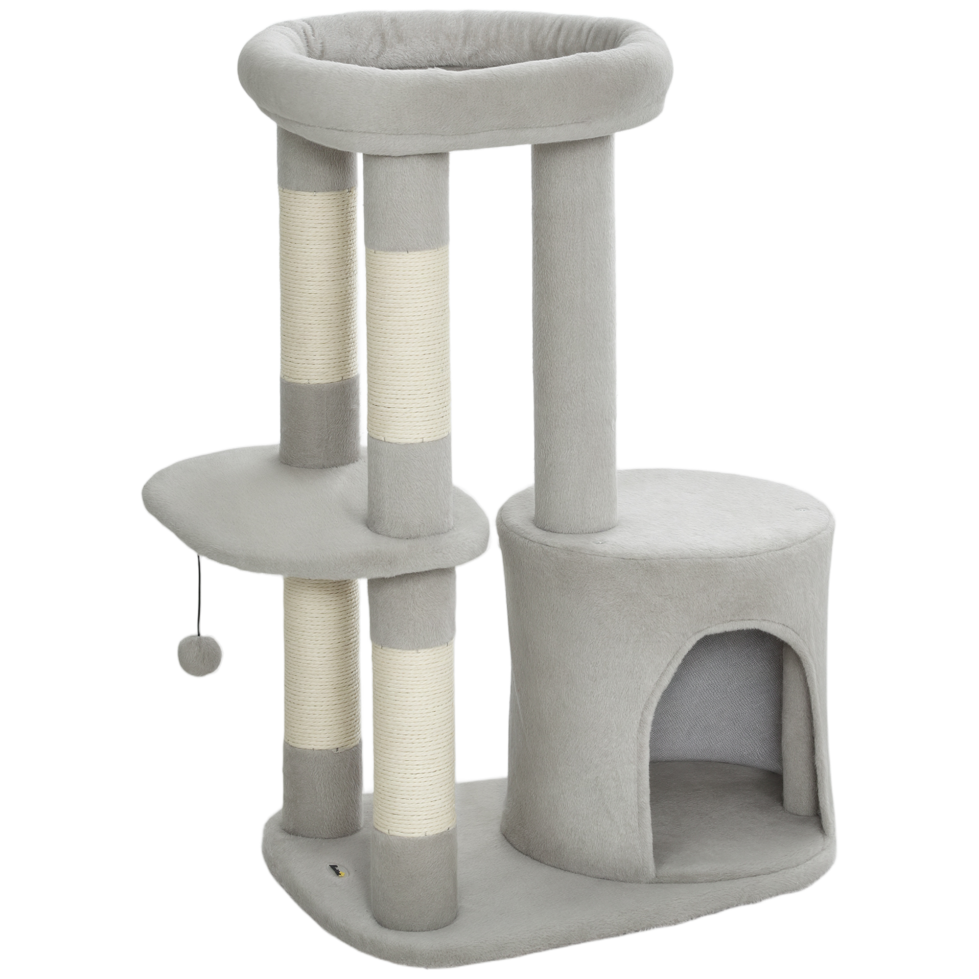 PawHut Kratzbaum Höhe 90 cm, Spielturm mit Kratzstämmen, Plattform, Höhle, hängender Ball, Plüschbezug, mehrstöckig ideal für 1-2 Katzen, Hellgrau Aosom