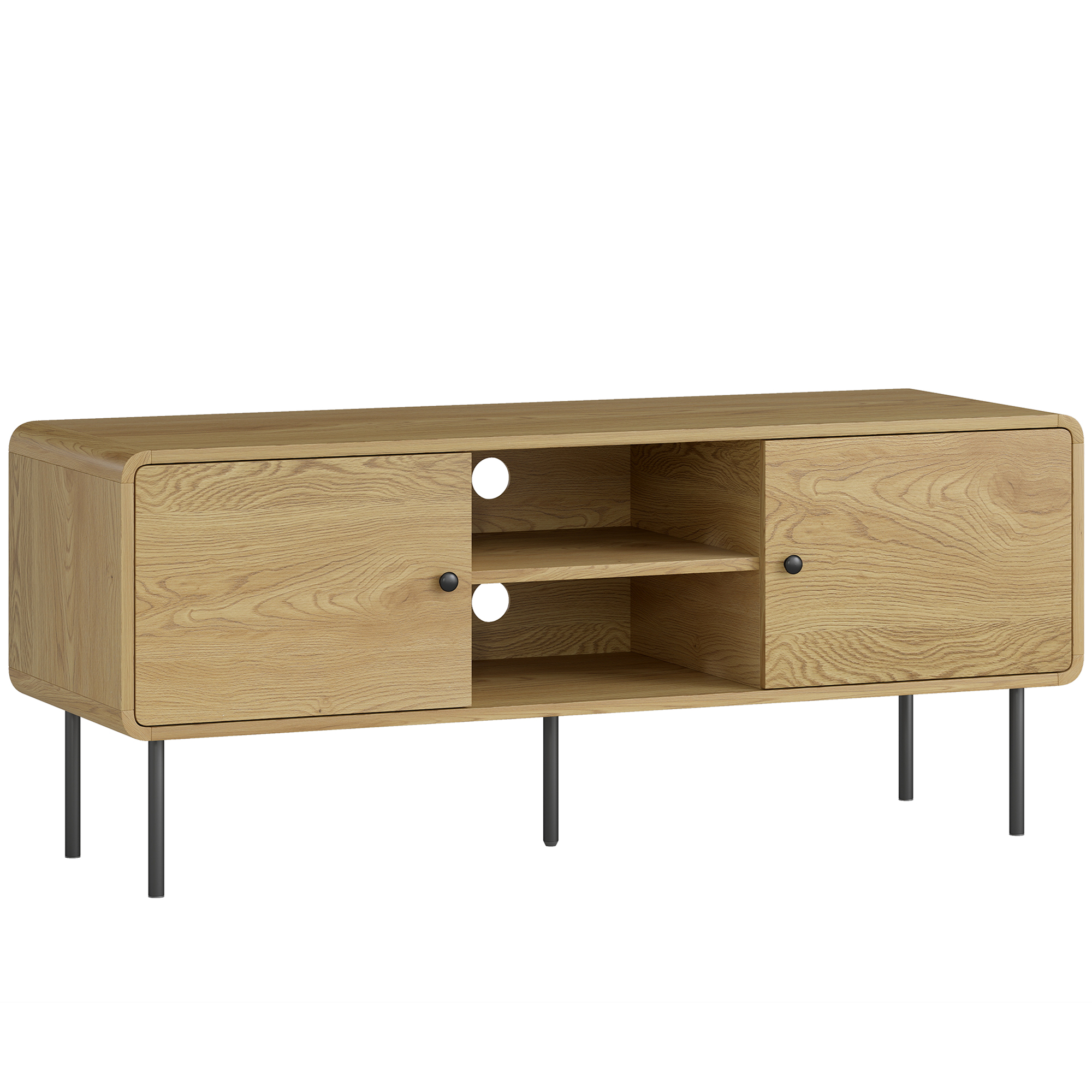 HOMCOM TV-Möbel 120 cm, TV-Ständer für Fernseher bis zu 140 cm mit abgerundeten Ecken, Kabeldurchlässen, 2 offenen Fächern, Stahlfüßen, modernes TV-Bank für Wohnzimmer, Schlafzimmer, Eiche   Aosom