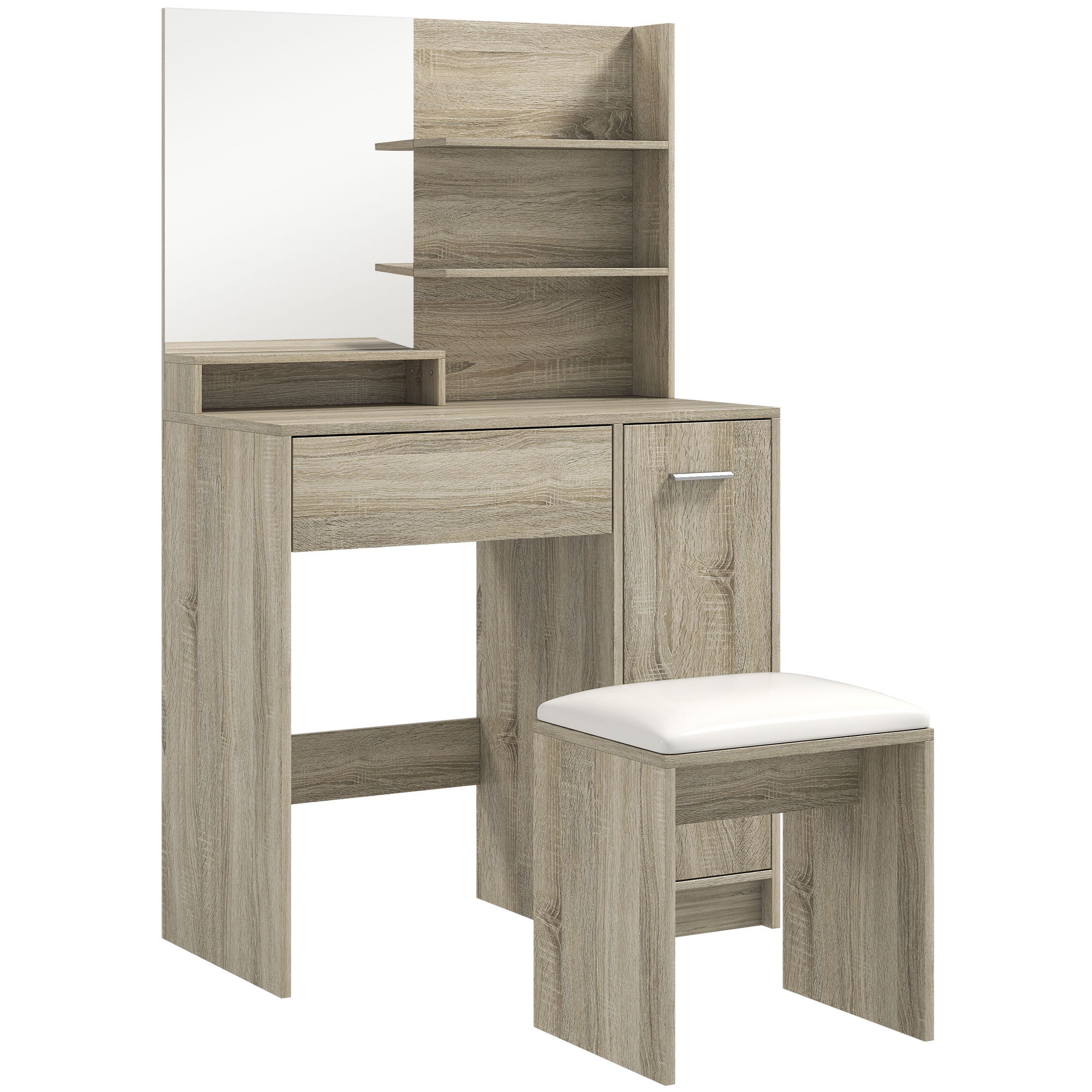 HOMCOM Schminktisch mit Hocker, Tisch mit Spiegel, offene Regale, Schublade und verstellbares Regal, Kippschutz, für Schlafzimmer, Wohnzimmer und Ankleidezimmer, Natur   Aosom