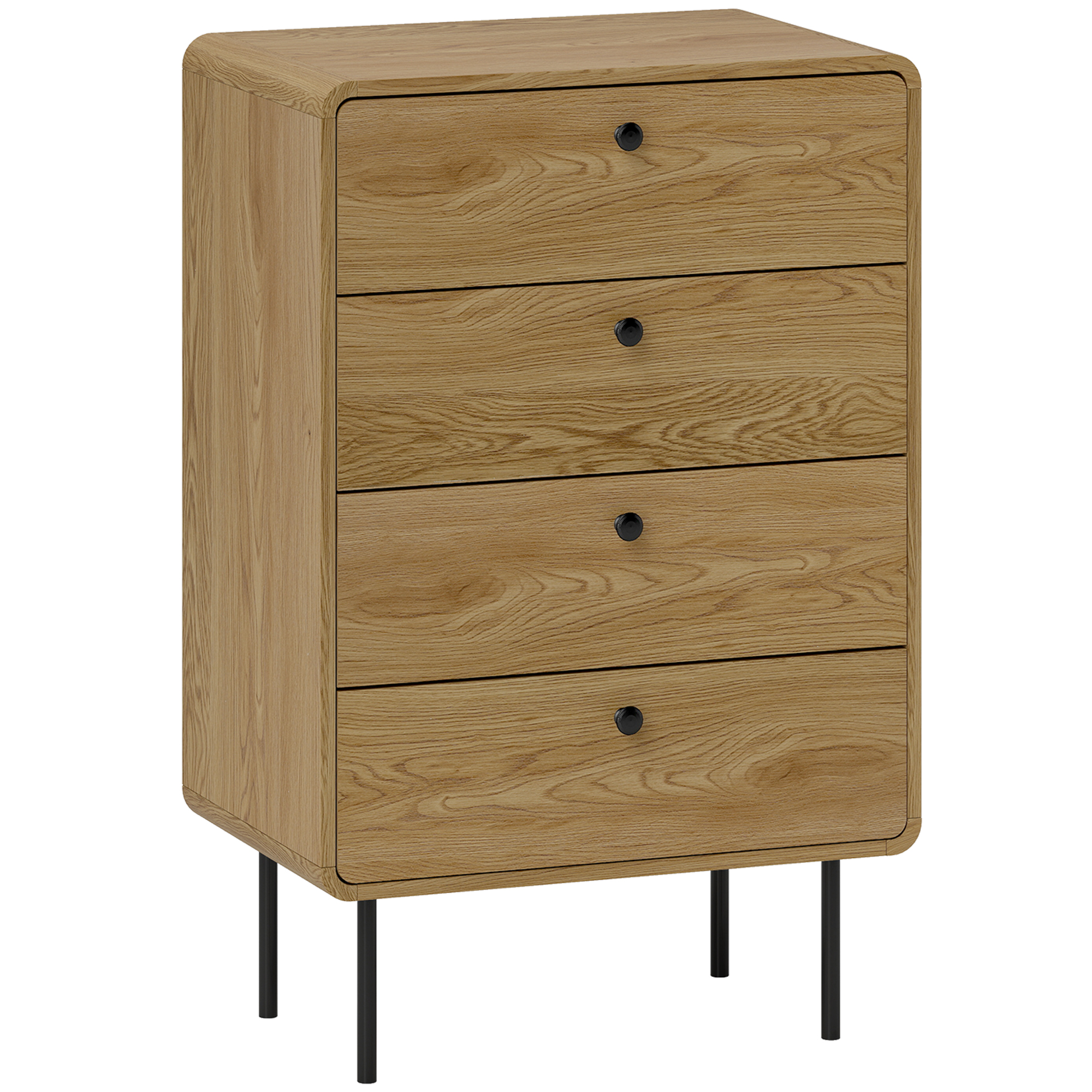 HOMCOM Kommode 4 Schubladen, schlanker Aufbewahrungsschrank mit Stahlfüßen, abgerundete Ecken und Holzgriffe, moderner Stil, Kommode für Schlafzimmer, Wohnzimmer, Flur, 60 x 39 x 91,5 cm, Eiche   Aosom