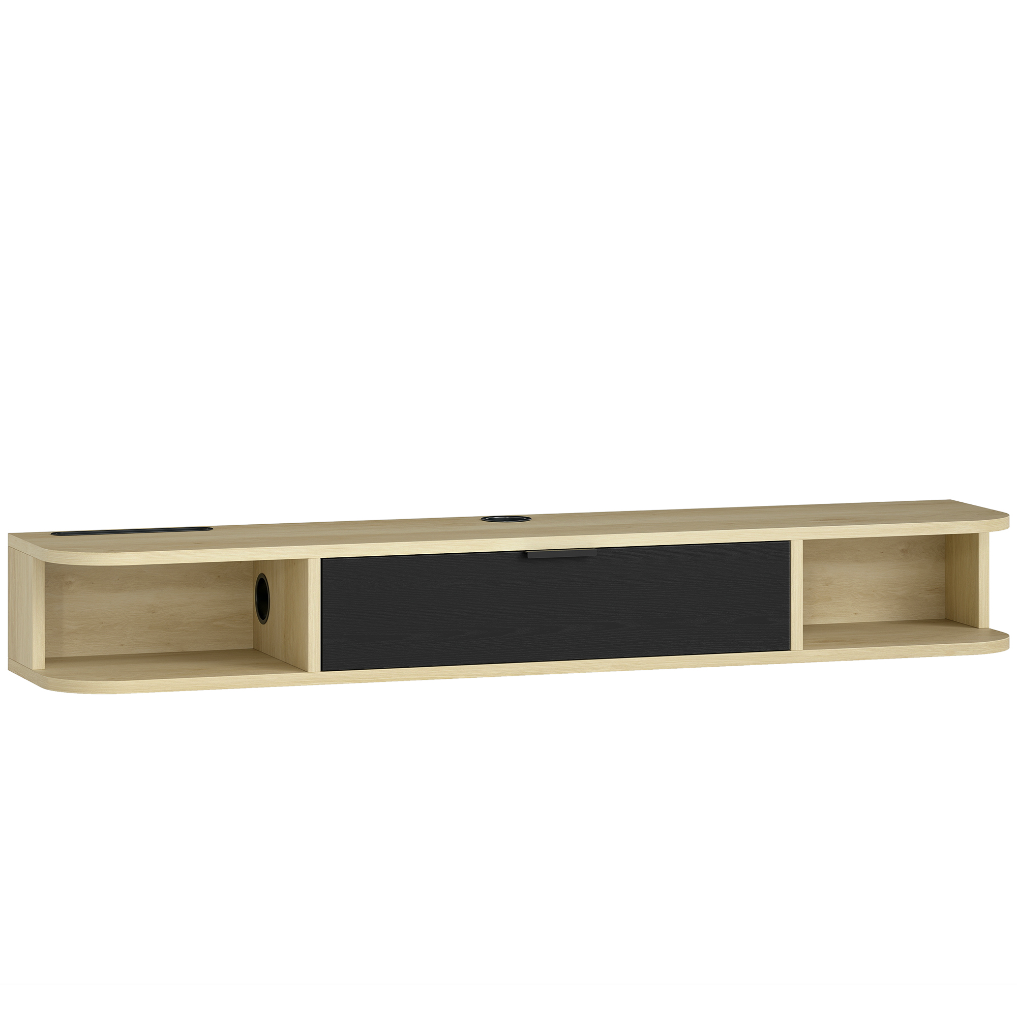 HOMCOM Hängendes TV-Möbel 120 cm, TV-Möbel für Fernseher bis zu 127 cm, Klappschublade, 2 offene Fächer und Kabeldurchführung, Wand-TV-Bank für Wohnzimmer, Schwarz und Naturholz-Optik Aosom