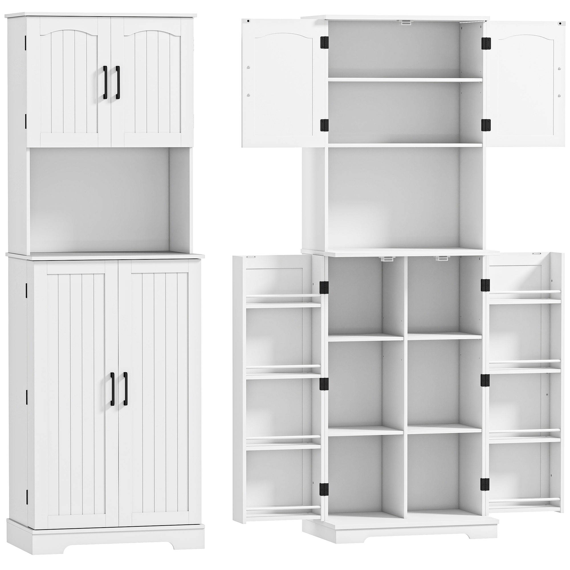 HOMCOM Hoher Küchenschrank 181.5 cm, Küchenmöbel mit 8 Gewürzhaltern an der Tür, 4 Türen, rustikaler Vorratsschrank mit verstellbaren Einlegeböden, Arbeitsfläche für Mikrowelle, für Esszimmer und Wohnzimmer, Weiß Aosom
