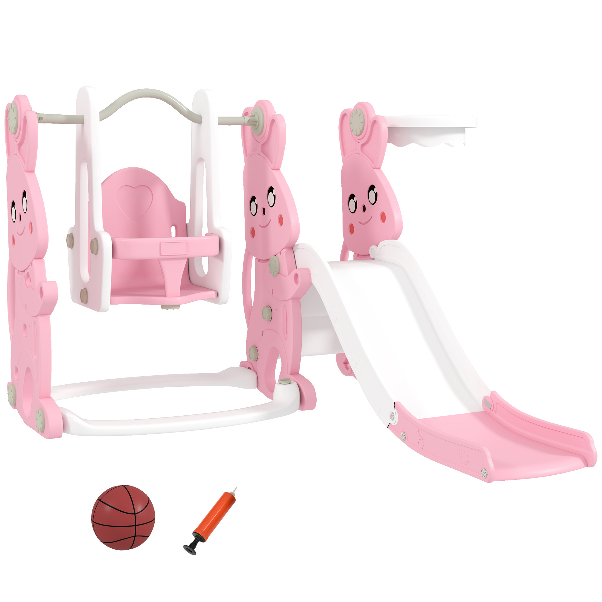 AIYAPLAY Rutsche und Schaukel für Kinder 4-in-1, Kleinkind-Spielplatz mit Kletterteil, Basketballkorb, Rutsche, Schaukel, Hasen-Motiv, für Innen und Außen, 1,5 bis 4 Jahre, rosa Aosom