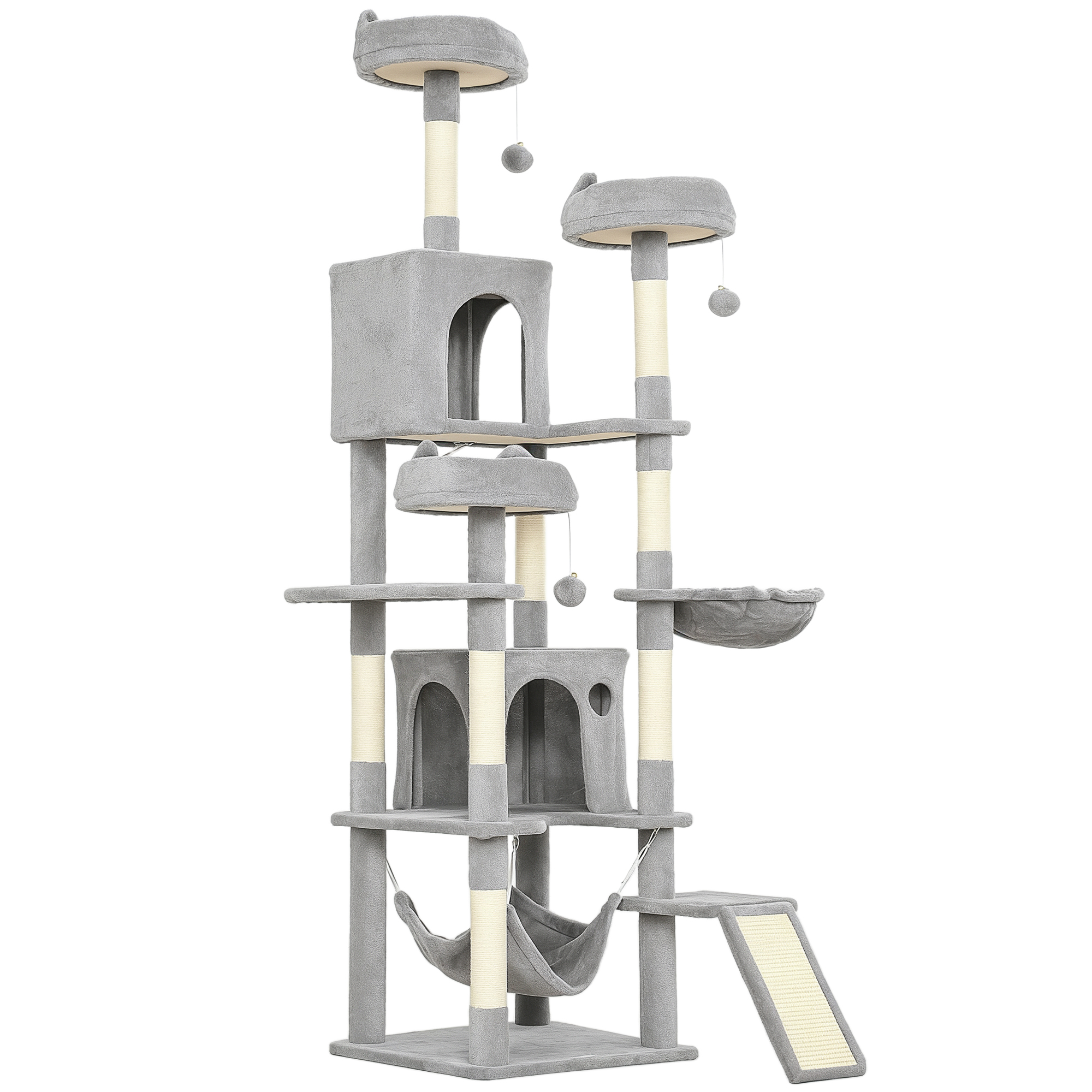 PawHut 192 cm hoher Katzenkratzbaum, mehrstufiger Katzenbaum mit 8 Sisal-Kratzpfosten, 2 Höhlen, 3 Liegeplätzen, 2 Hängematten, 3 Pompons, Plattformen, Rampe, Katzen-Turm, Plüsch, Grau Aosom