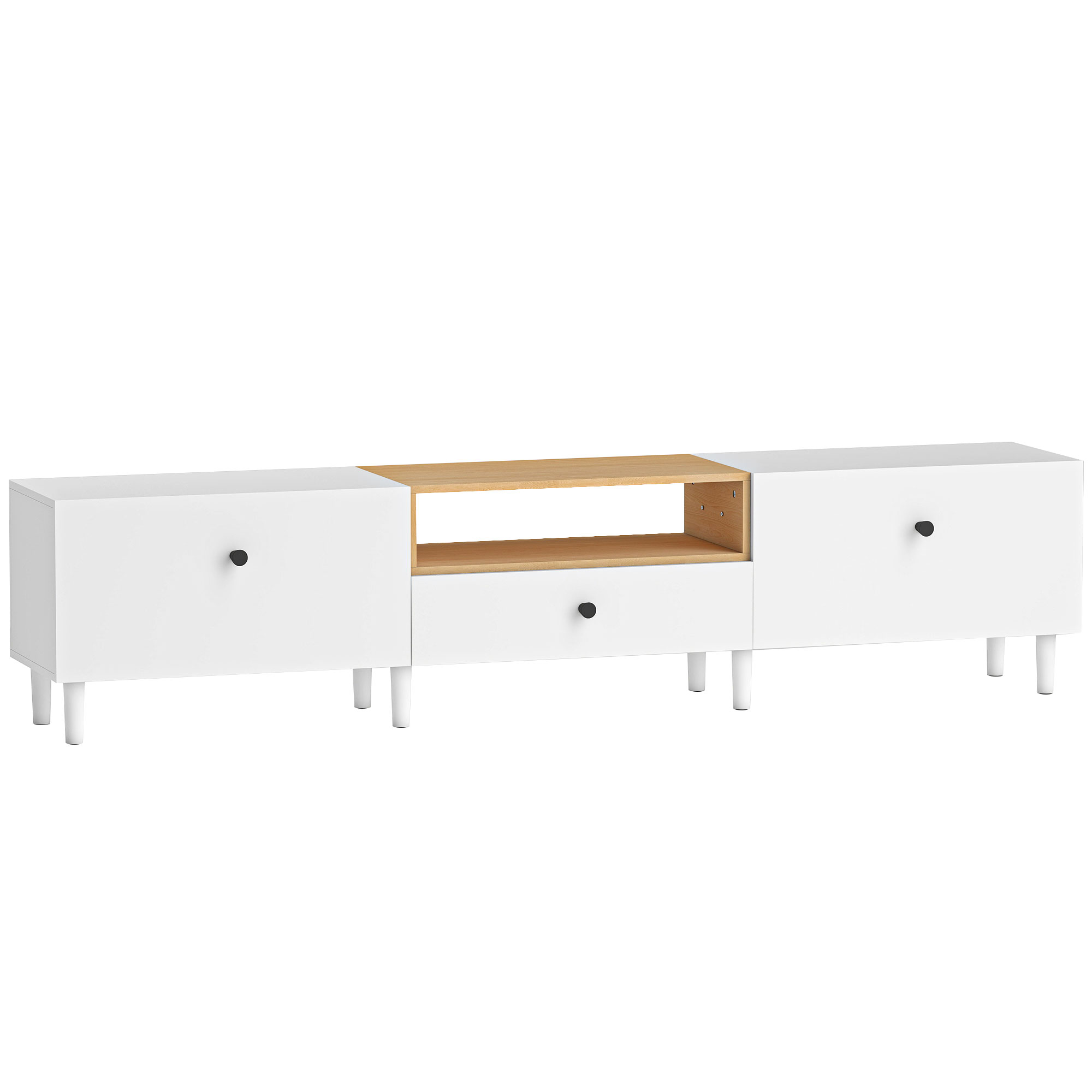 HOMCOM TV-Möbel 200 cm, TV-Bank für Fernseher bis zu 228,6 cm mit 2 Klapptüren, Schublade, Soft-Close-Scharniere und 8 Füßen, moderner Stil, TV-Bank für Wohnzimmer und Schlafzimmer, weiß   Aosom