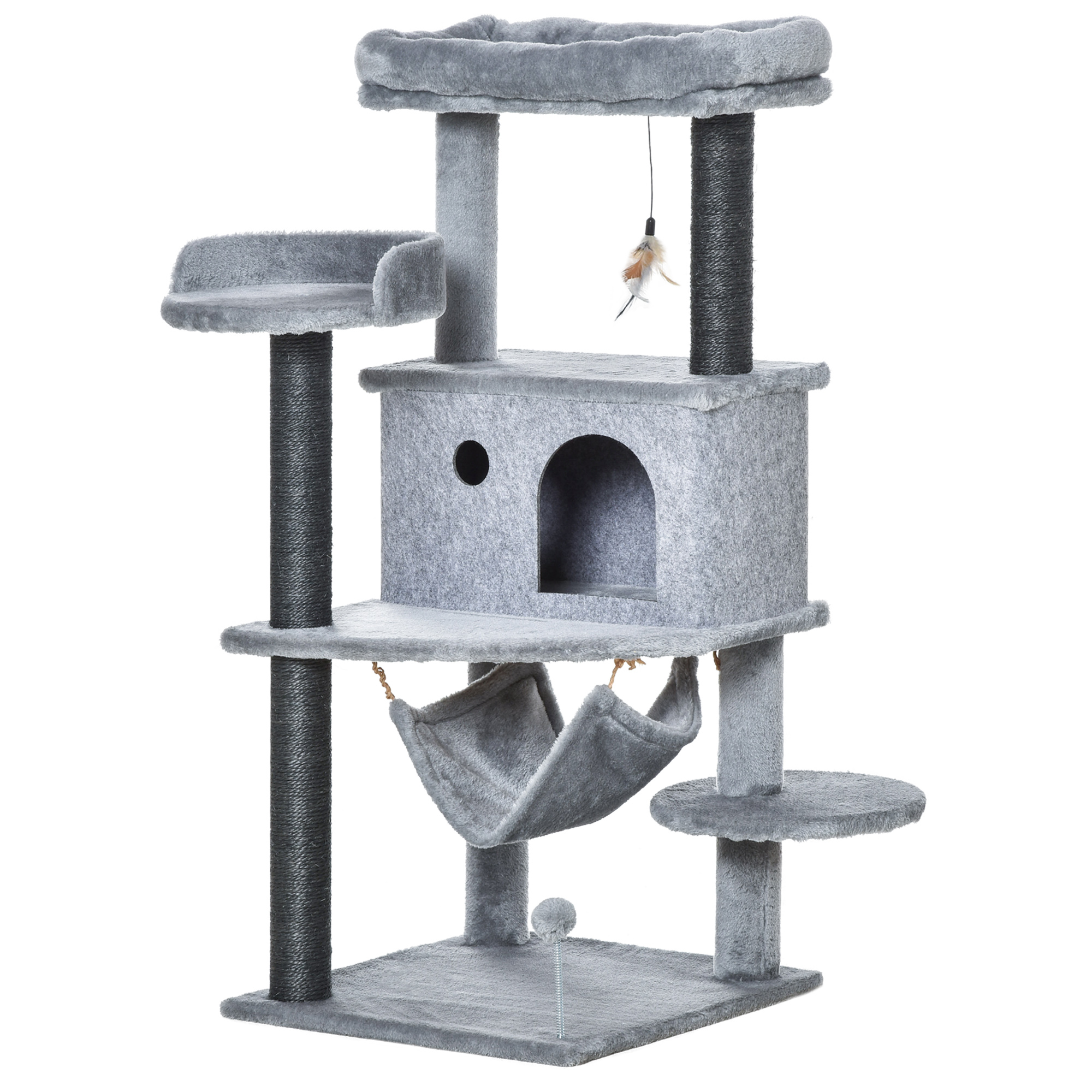 PawHut Kratzbaum für Katzen mit Pfosten, Häuschen, Bett, 4 Plattformen, Hängematte & 2 Spielzeugen, Katzenturm aus Spanplatte, Plüsch, Sisal und Filz, 48x48x107 cm, Grau   Aosom