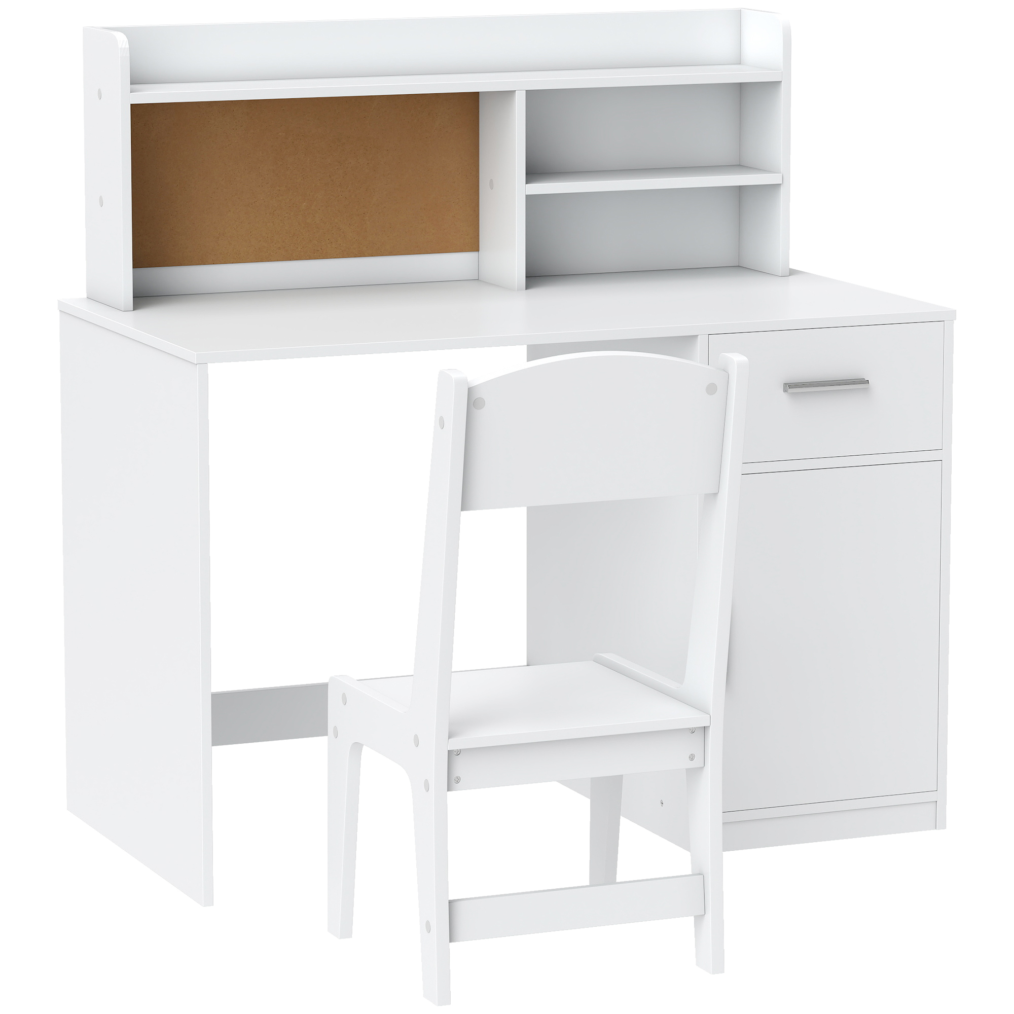 AIYAPLAY Set Schreibtisch und Stuhl für Kinder mit Regalen, Schrank, Schublade und Pinnwand, Tisch- und Stuhl-Set für Kinder 3-12 Jahre, Holzschreibtisch für Kinderzimmer, Lernraum, Weiß   Aosom
