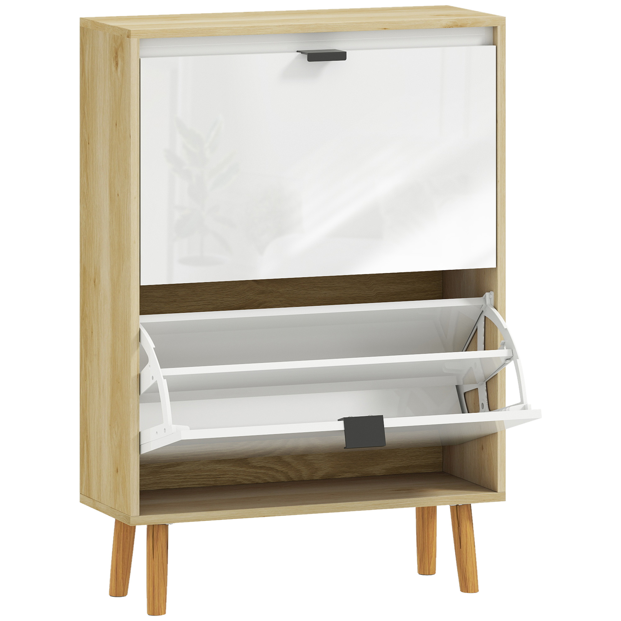 HOMCOM Schuhschrank schmal mit 2 Türen Hochglanz-Weiß, Schuhschrank für Flur mit verstellbaren Einlegeböden, Holzbeine, für 12 Paar Schuhe, 60x24x91 cm Weiß   Aosom