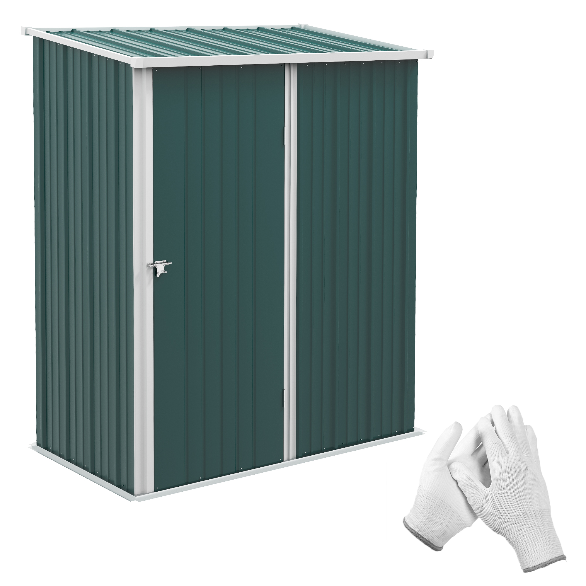 Outsunny Gartenhaus 1.34m² aus verzinktem Stahl, Schuppen mit schrägem Dach, Handschuhe und abschließbare Tür, Geräteschuppen, 161.5x94.5x196cm, Grün   Aosom
