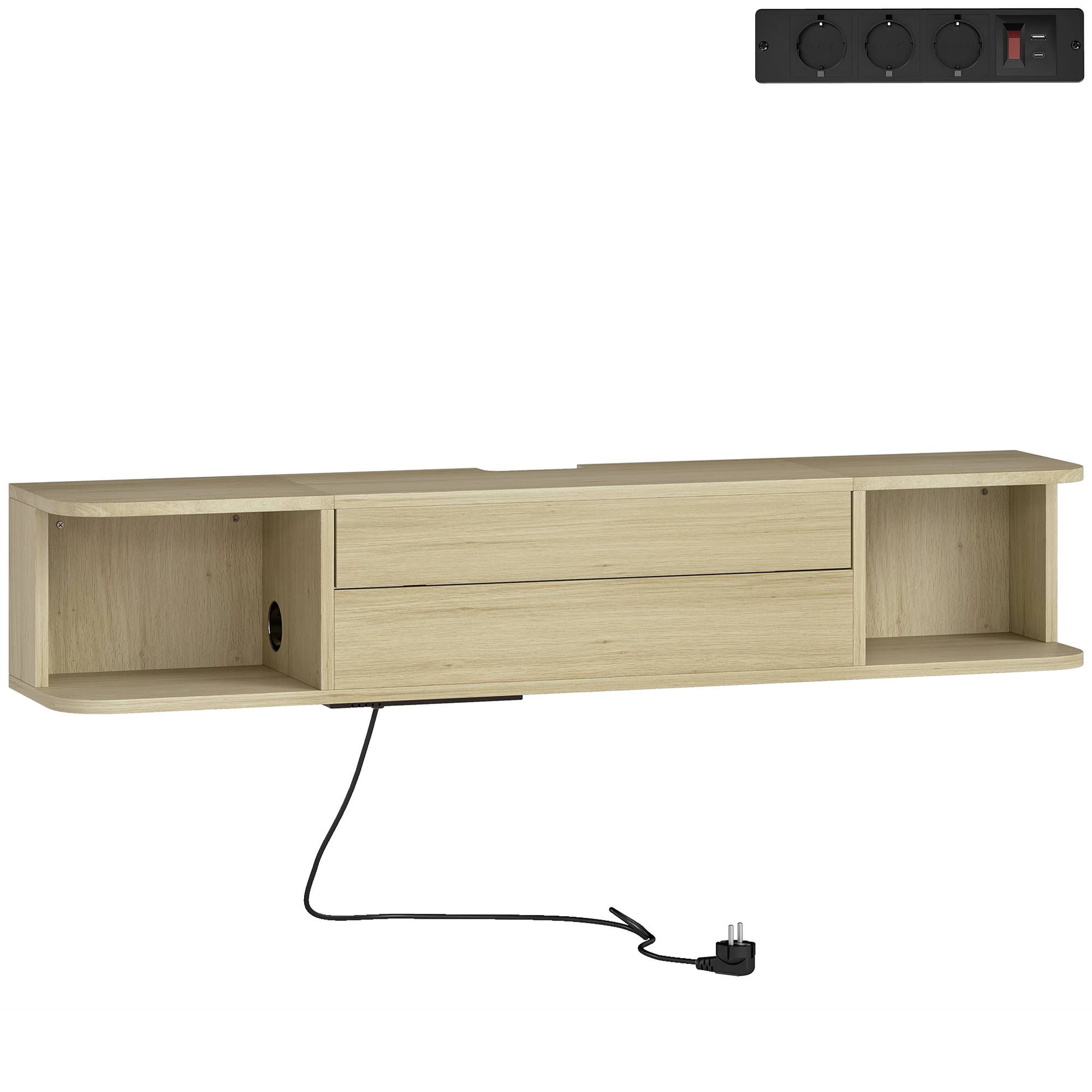 HOMCOM Hängendes TV-Möbel 120 cm, TV-Möbel für Fernseher bis zu 127 cm, Steckdosen, USB- und Type-C-Anschlüsse, Schublade, Ablagen, Kabeldurchlässe, Wand-TV-Bank für Wohnzimmer, natürliche Holzoptik Aosom