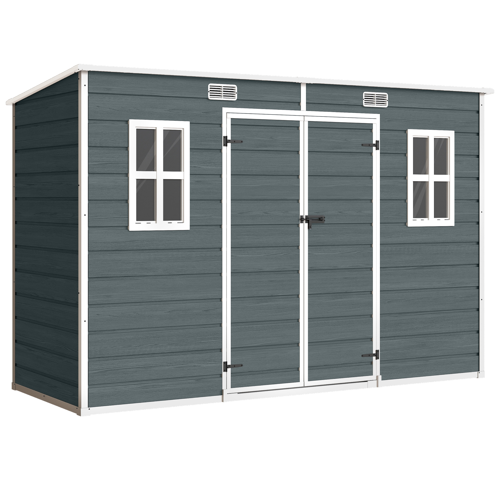 Outsunny Gerätehaus 3,2m², Geräteschuppen mit Pultdach, 303x123x197cm, Kunststoff Gartenschuppen mit Fenster Doppeltür Schloss Belüftungsöffnung Boden Holzoptik, Gartenhaus für Werkzeuge Grau   Aosom