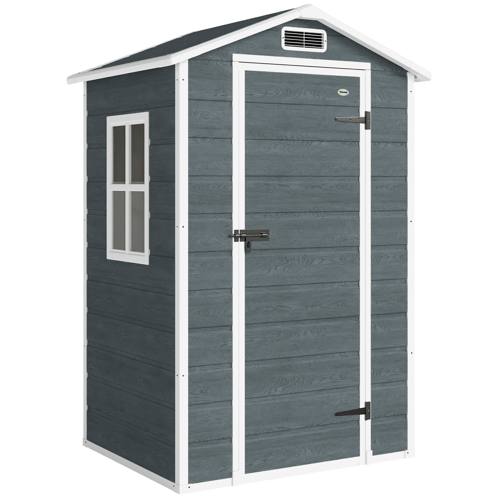 Outsunny Gerätehaus 1,1 m² Geräteschuppen mit Holzoptik Fenster 128 x 104 x 196 cm Kunststoff Gartenschuppen mit Satteldach Belüftung Boden Schloss Handschuhe, Gartenhaus für Werkzeuge Grau   Aosom
