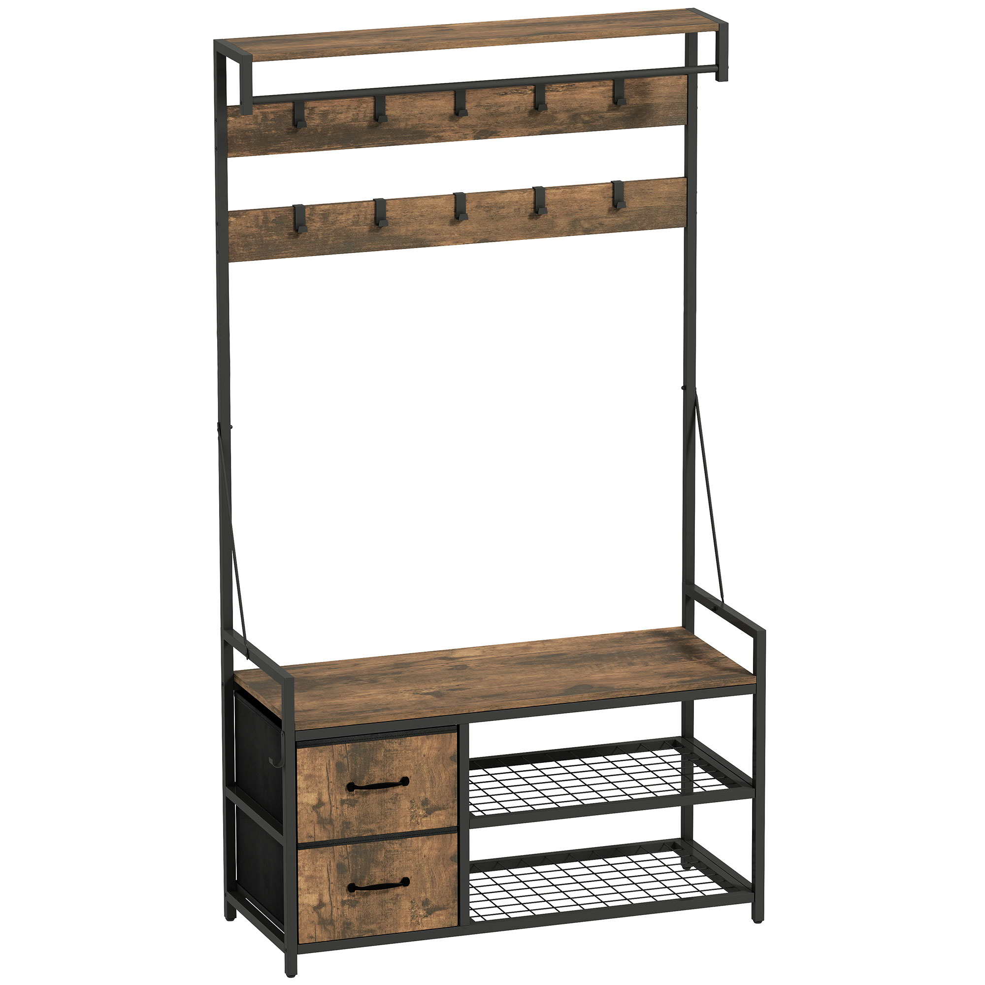 HOMCOM Garderobenständer mit Sitzbank, Kleiderständer mit 10 verstellbaren Haken, Schuhregal, Schublade, Metallrahmen, Industrie-Design für Flur, Wohnzimmer, Schlafzimmer, Rustikal Braun, Höhe 180 cm   Aosom