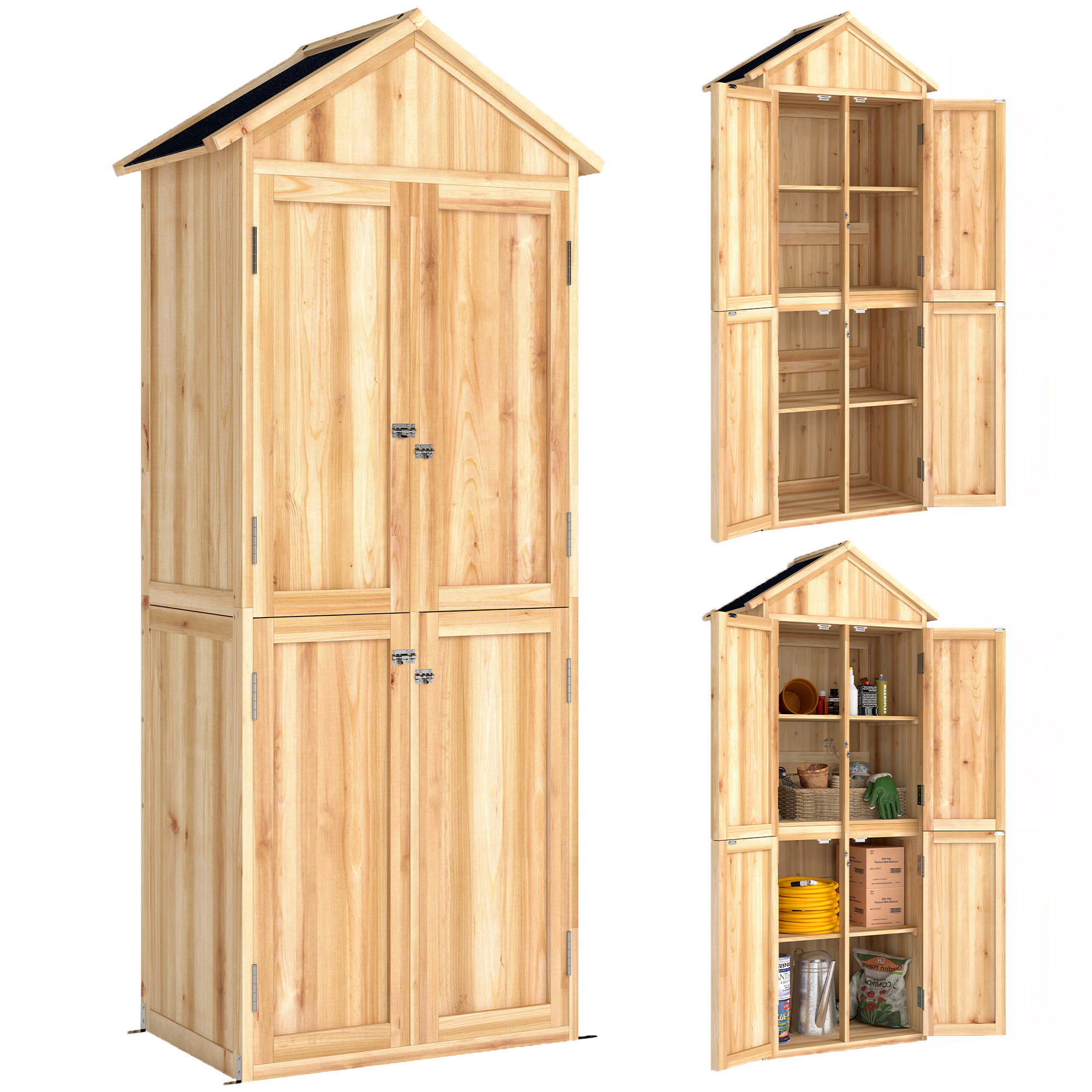Outsunny Gartenschrank Holz Geräteschuppen 82x50x190cm Geräteschrank mit Asphaltdach 4 Magnetetüren 2 abnehmbar Ablagen Kippschutz, Abschließbar Gerätehaus Gartenschuppen für Garten Terrasse Naturholz   Aosom