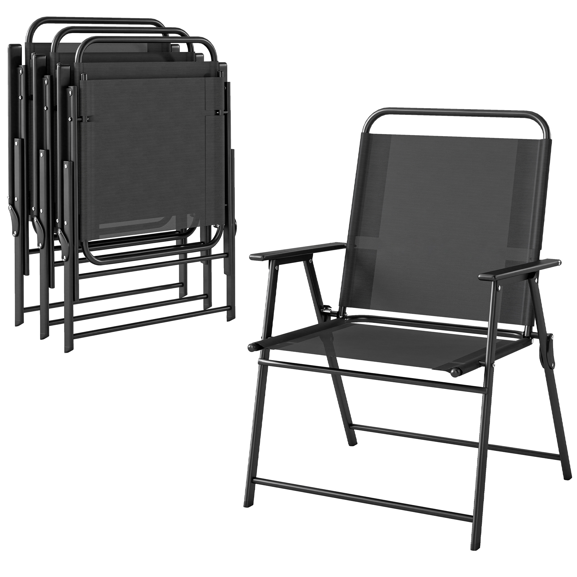 Outsunny 4er-Pack klappbare Campingstühle, Outdoor-Gartenstühle mit hoher Rückenlehne, breitem Sitz und Armlehnen, atmungsaktives Textilene-Gewebe und Stahlrahmen für Terrasse, 65x60x94 cm, Schwarz Aosom