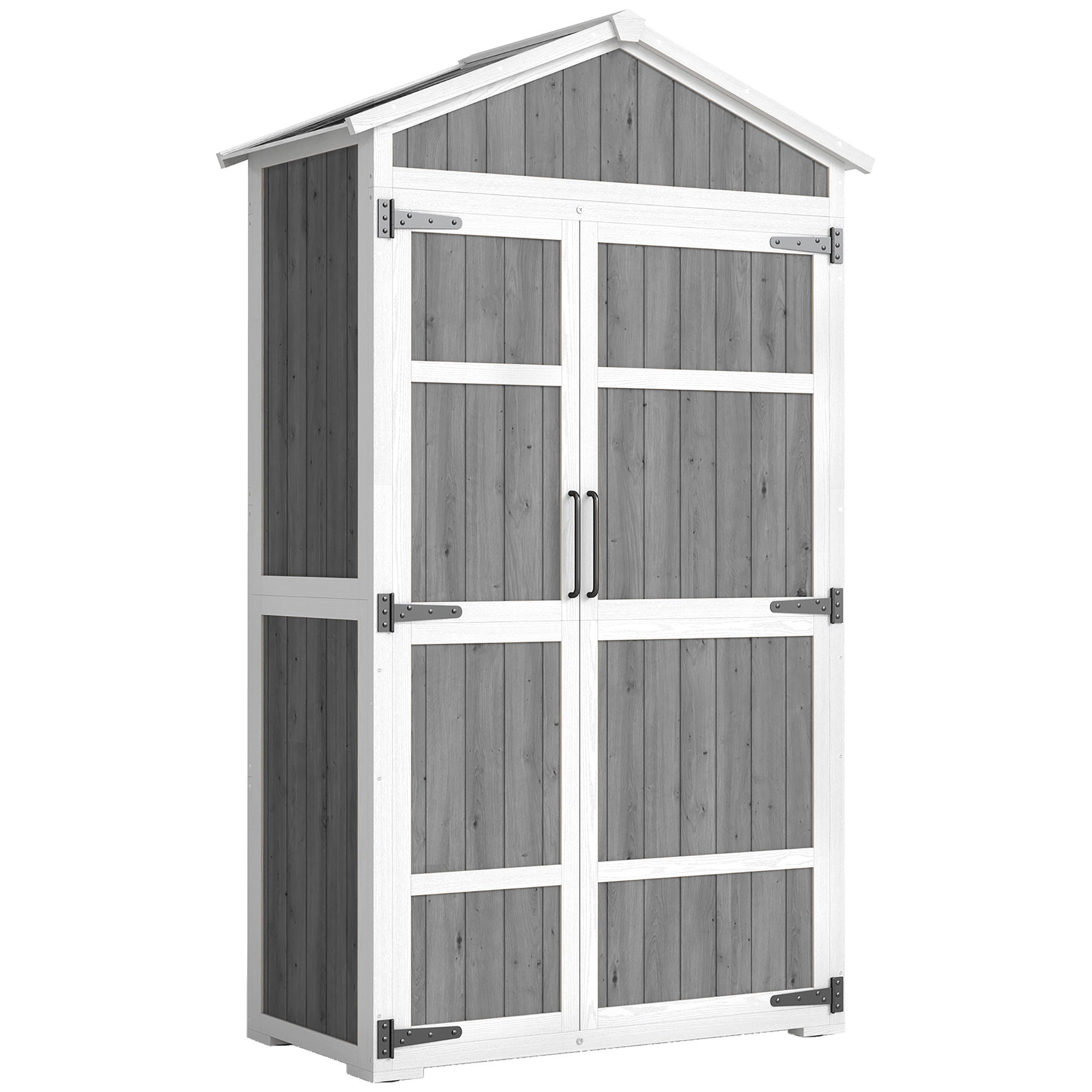 Outsunny Gartenschrank aus Holz - Wasserdichter Außenschrank mit Metalldach - Aufbewahrungsschrank für Terrasse mit Doppeltür für Gartengeräte 105x55x179cm, Weiß und Grau   Aosom