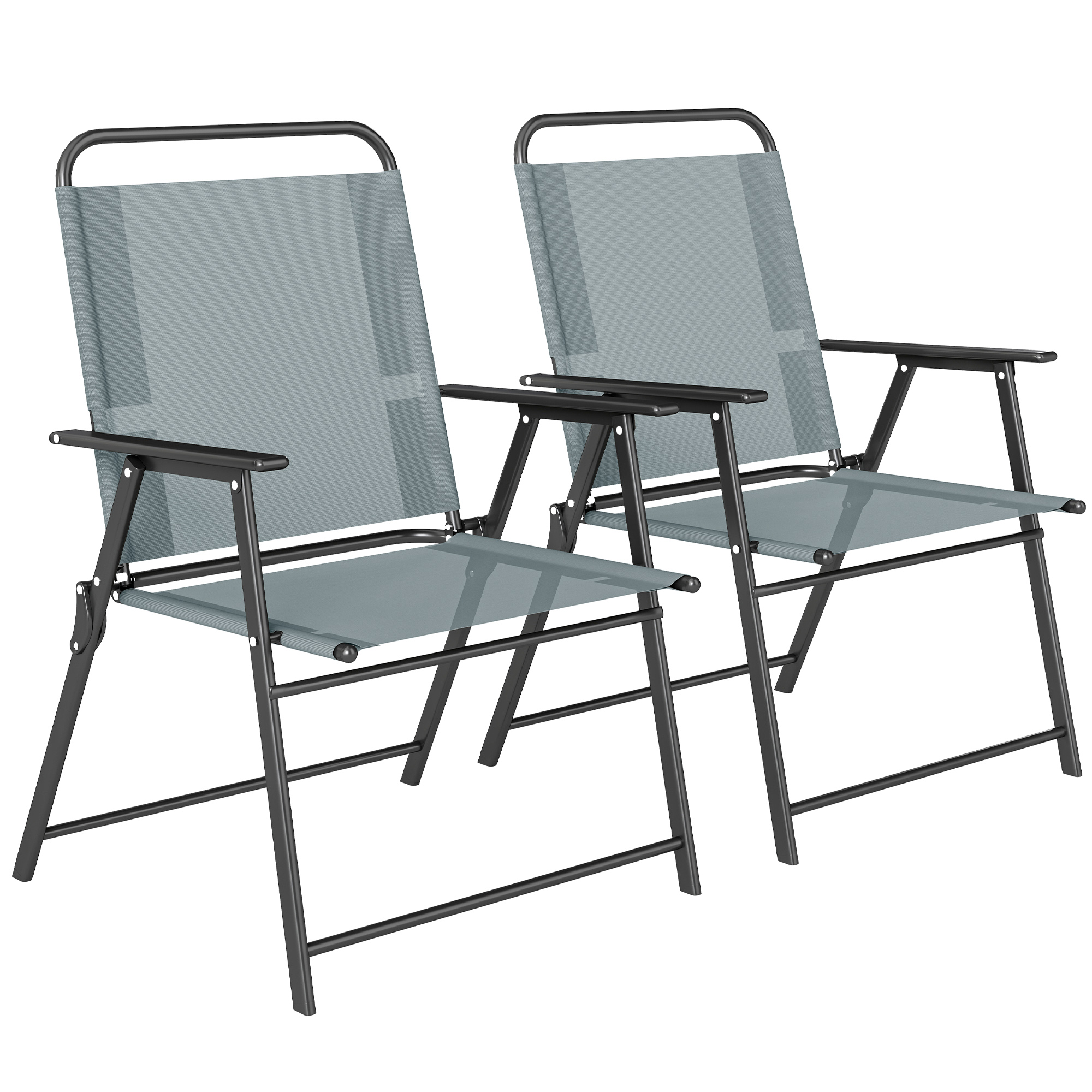 Outsunny Set mit 2 klappbaren Gartenstühlen, Outdoor-Essstühle mit Netzsitz, hohe Rückenlehne und Armlehnen, Outdoor-Stuhl für Terrasse, Balkon, Strand, Grau   Aosom