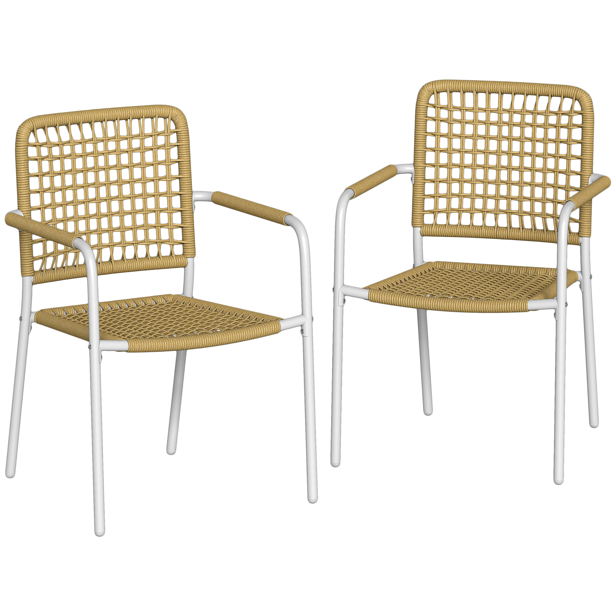 Outsunny 2er-Set Gartenstühle aus geflochtenem Resin, stapelbare Stühle mit Armlehnen & Rückenlehne, Gartenstuhl für Balkon Terrasse Patio, Gelb Aosom