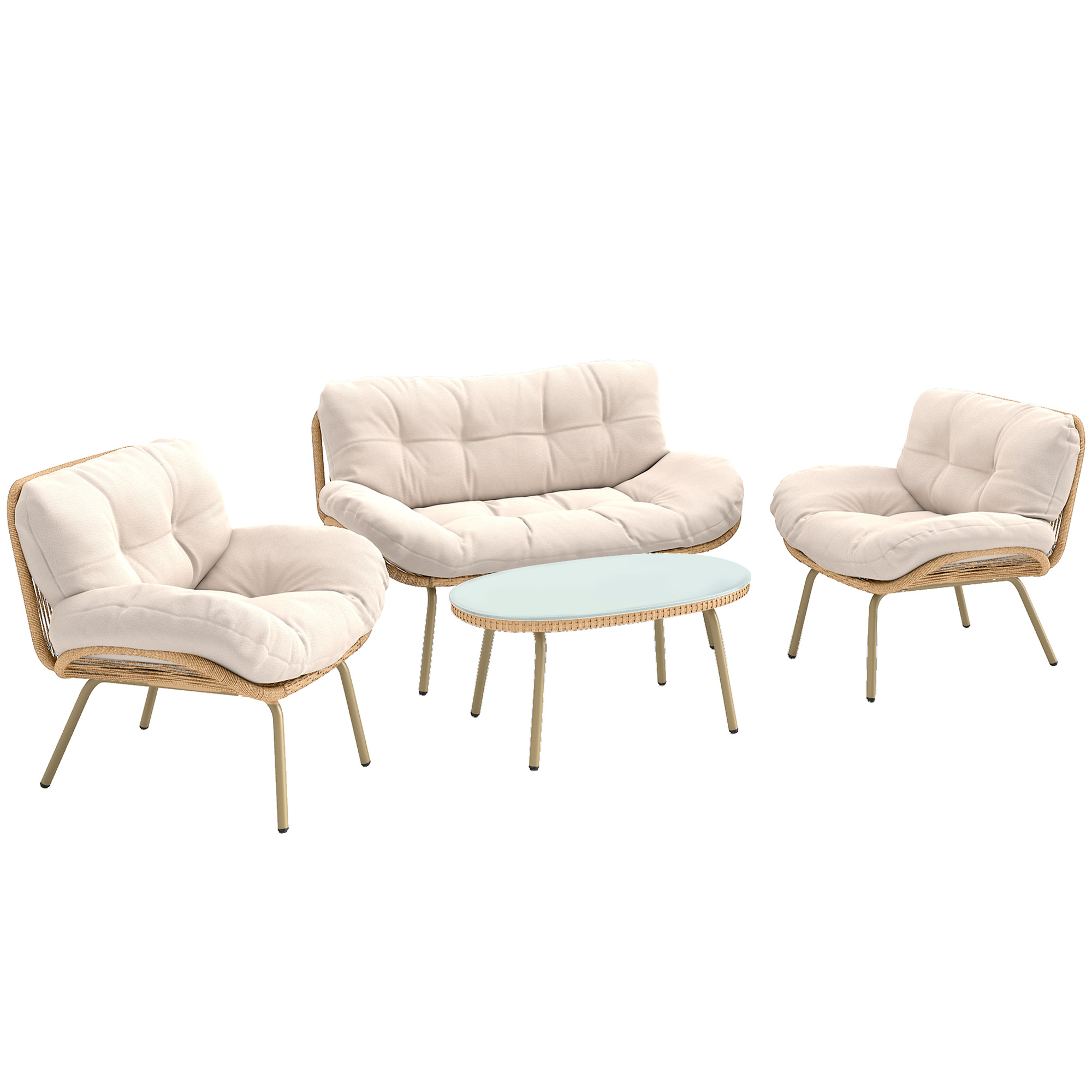 Outsunny Gartenlounge 4-teilig aus Polyrattan - 12 cm extra-dicke Kissen Chic Gartenmöbel - Terrassen-Set mit Sofa 138 cm, 2 Sesseln und ovalem Couchtisch mit Sicherheitsglas, Beige   Aosom