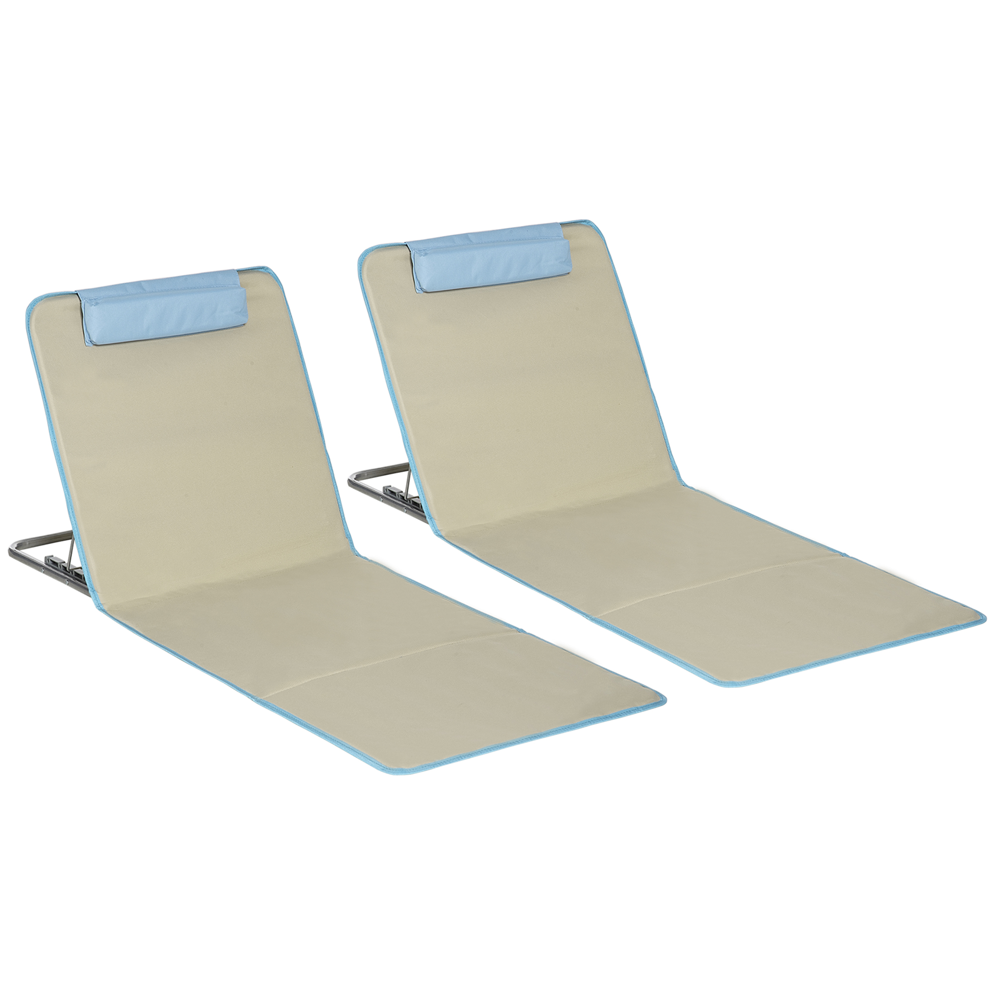 Outsunny Strandmatte, 2er Set Faltbare Strandliege mit Kopfkissen, 5-stufige Höhenverstellbare Strandmatratze mit Tragetasche, Stahl, Beige, 134 x 48 x 33-43 cm   Aosom