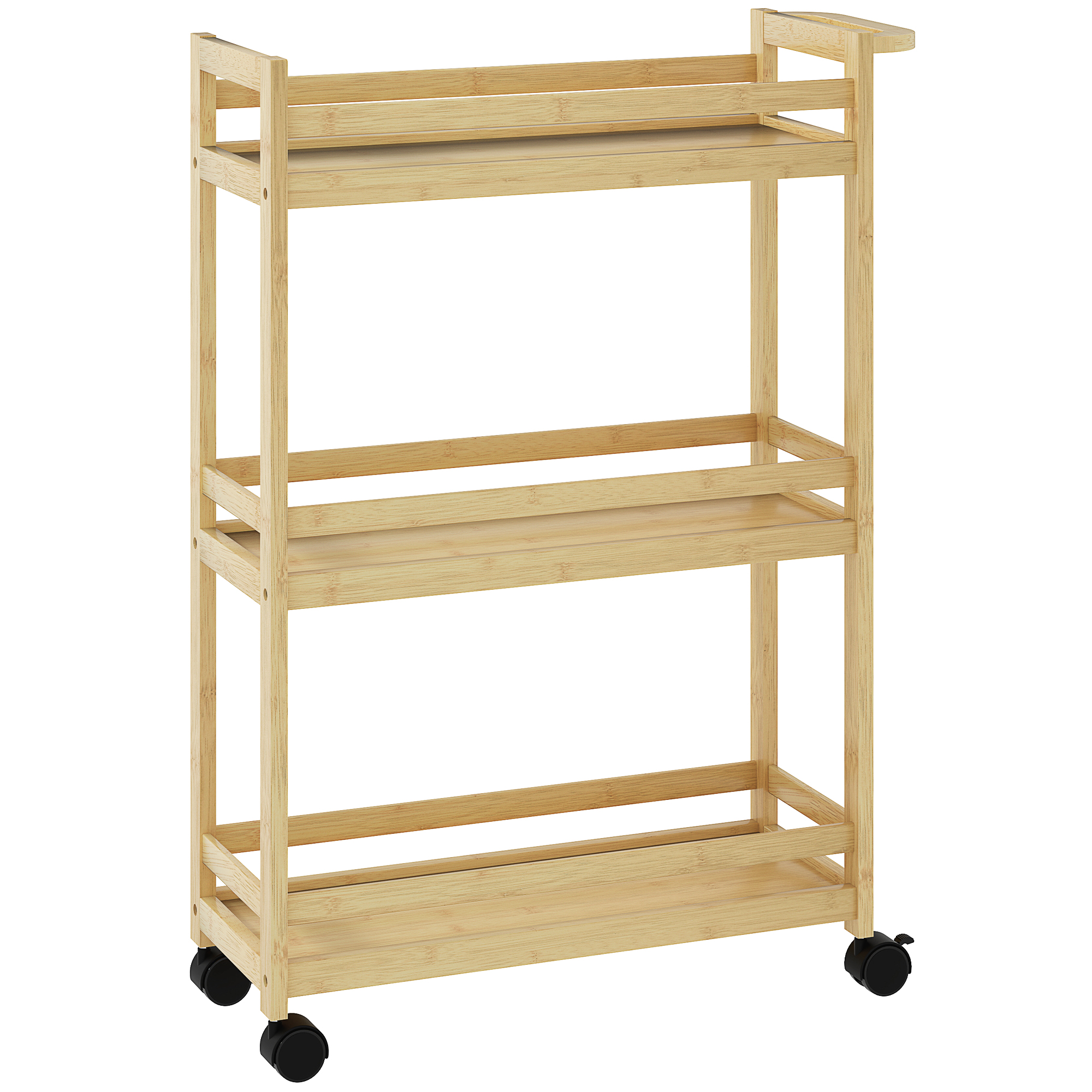 HOMCOM Badregal, Badezimmerregal mit 3 Ebenen, Rolle, Standregal aus Bambus, mit Griffe, für Badezimmer, Wohnzimmer, Küche, 55 x 20 x 75 cm, Naturholz   Aosom