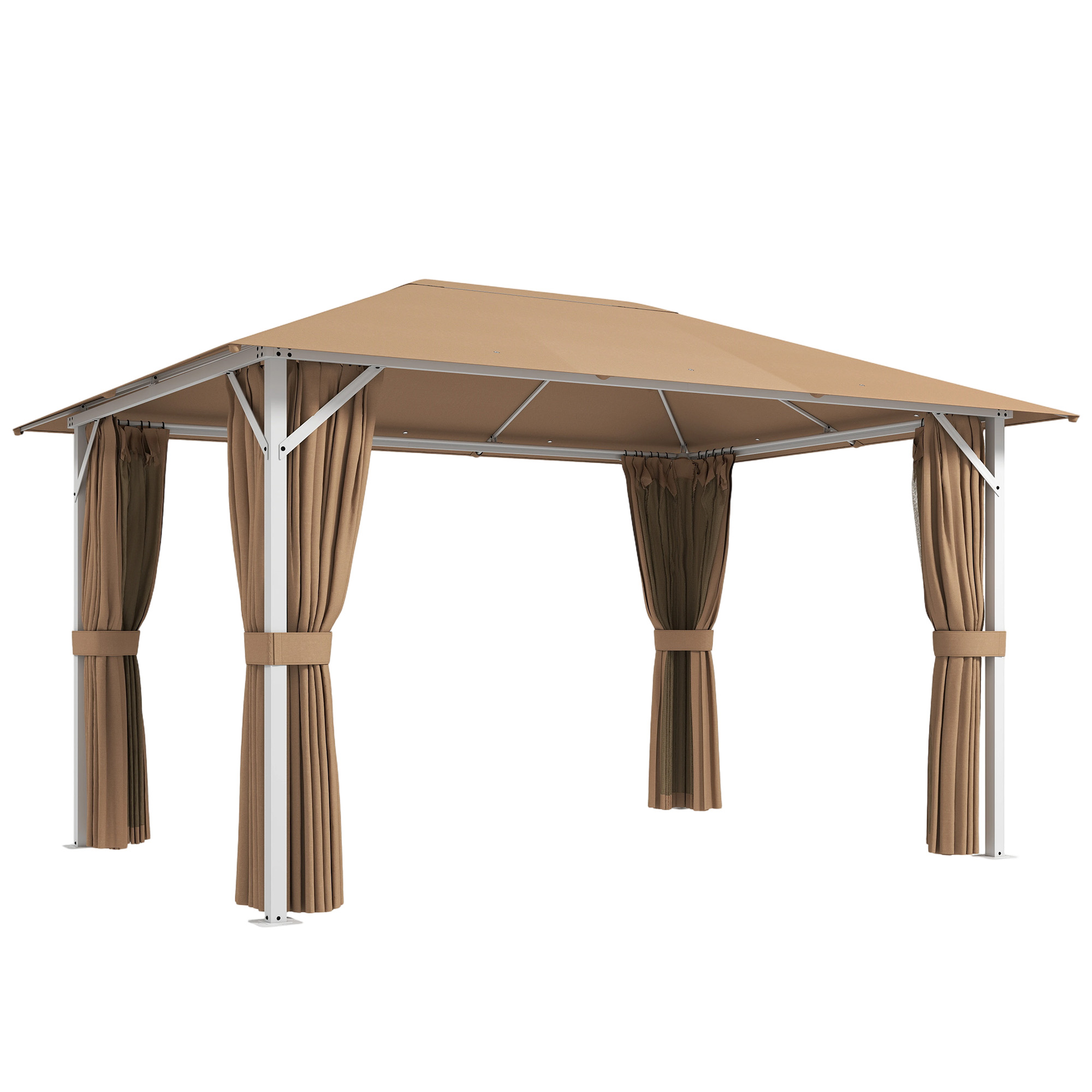 Outsunny Gartenpavillon 3 x 4 m mit stabiler 60 mm Metallkonstruktion - Pavillon UV-Schutz 50+ und 10 Ablauföffnungen - Partyzelt mit Vorhängen und Moskitonetz für Terrasse, Khaki Aosom