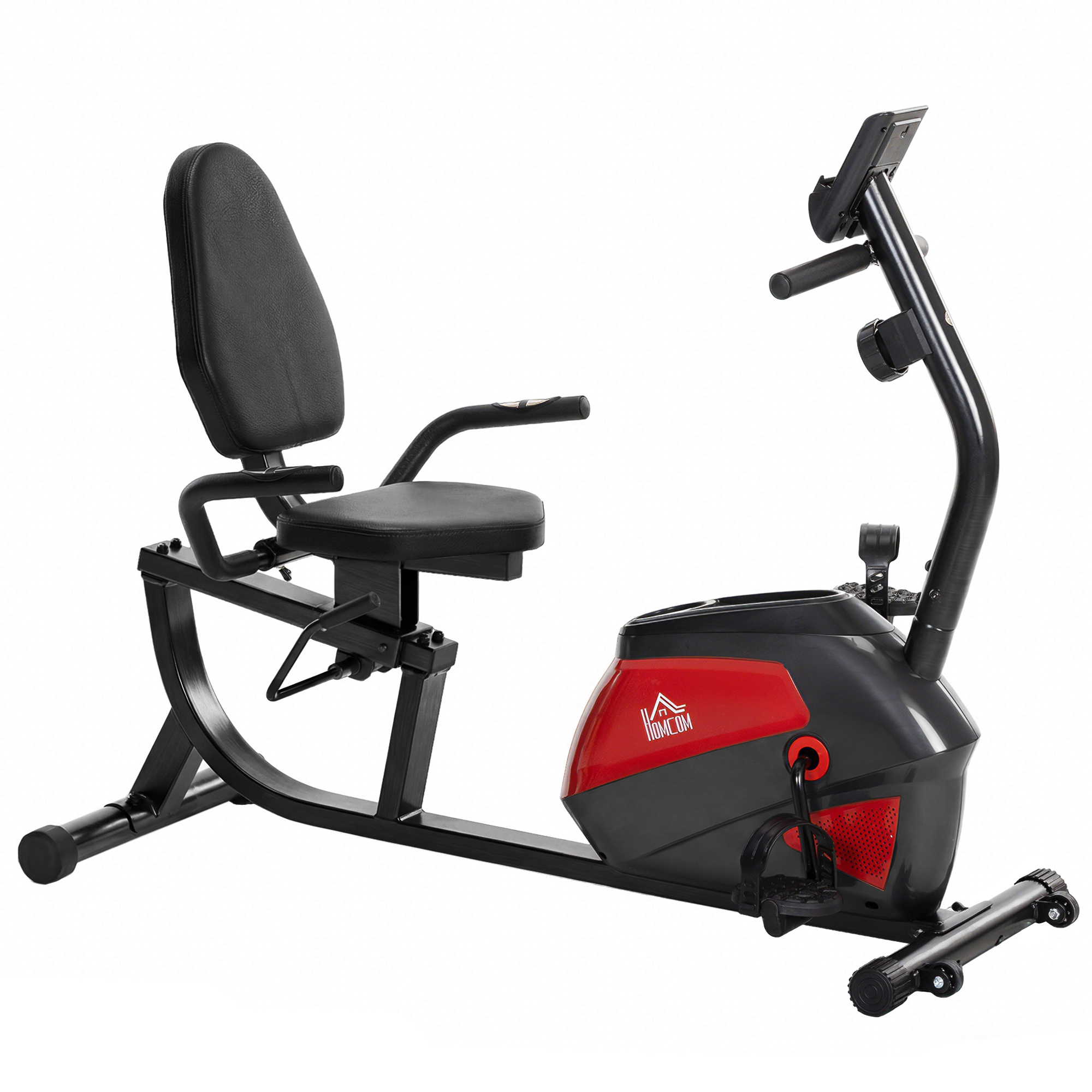 HOMCOM Liege-Heimtrainer mit Rückenlehne, 8-stufige Magnetresistenz, Heimtrainer mit Schwungrad, verstellbarer Sitz, LCD-Monitor, Pulsmessung, Smartphone-Halter und Rollen, Rot Aosom