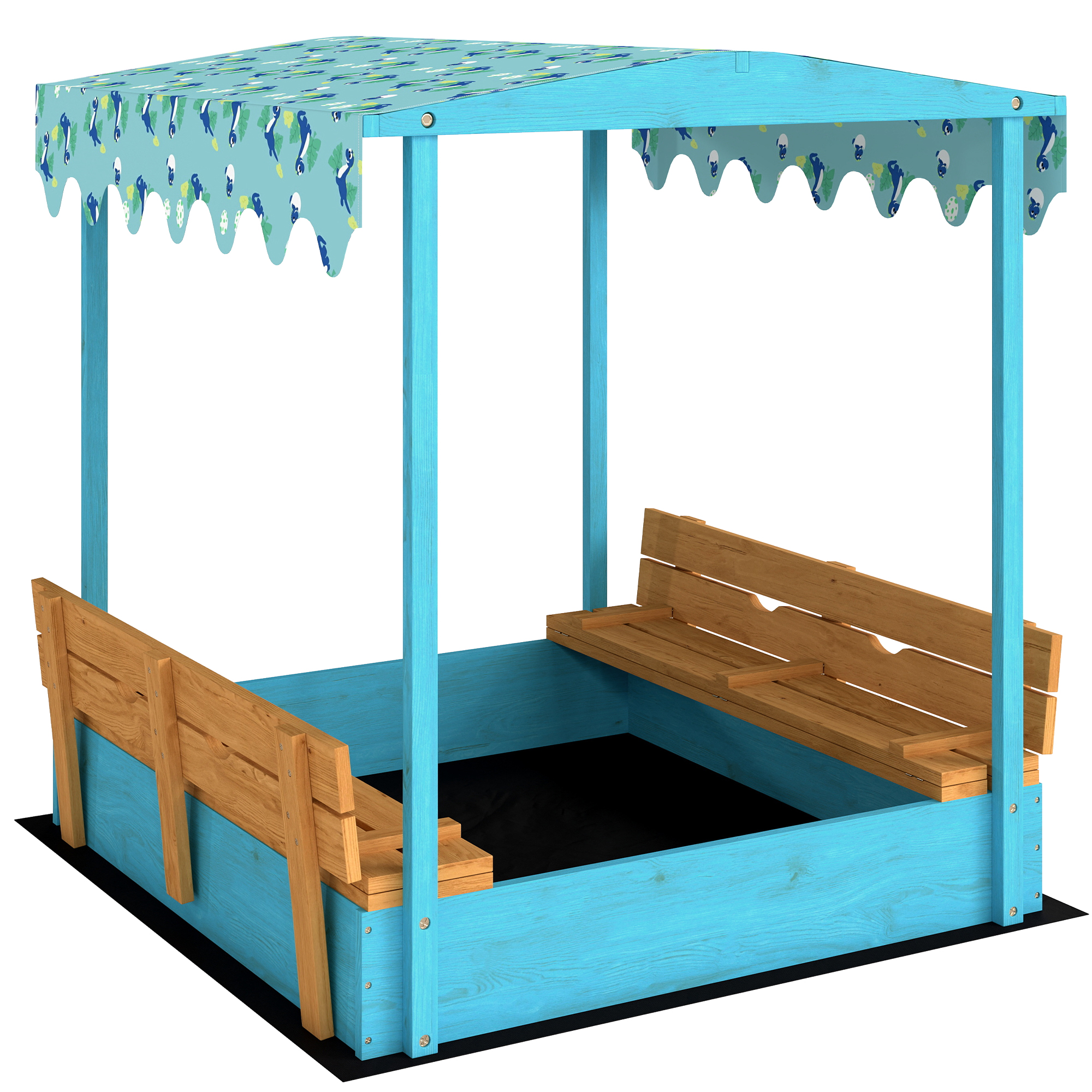 AIYAPLAY Sandkasten für Kinder 3-6 Jahre mit Dinosaurier-Sonnendach, klappbaren Sitzen, Deckel und Einlage, Sandkasten aus Fichtenholz, 134.5x127.5x130 cm, Blau Aosom