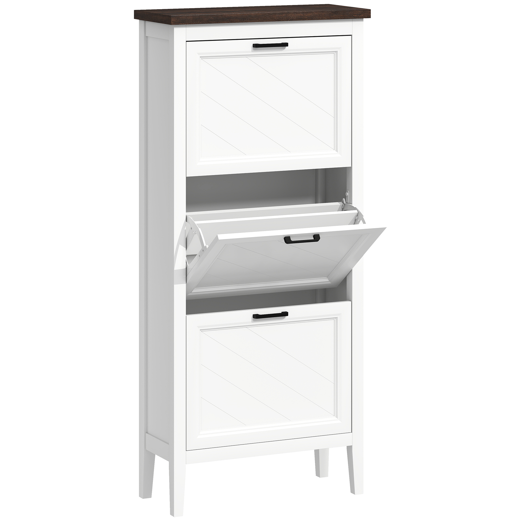 HOMCOM Schuhschrank 18 Paar, schmaler Schuhschrank mit 3 Klappfächern und verstellbaren Einlegeböden, Landhausstil, für Flur, Eingang, 60 x 26,5 x 133,7 cm, weiß   Aosom
