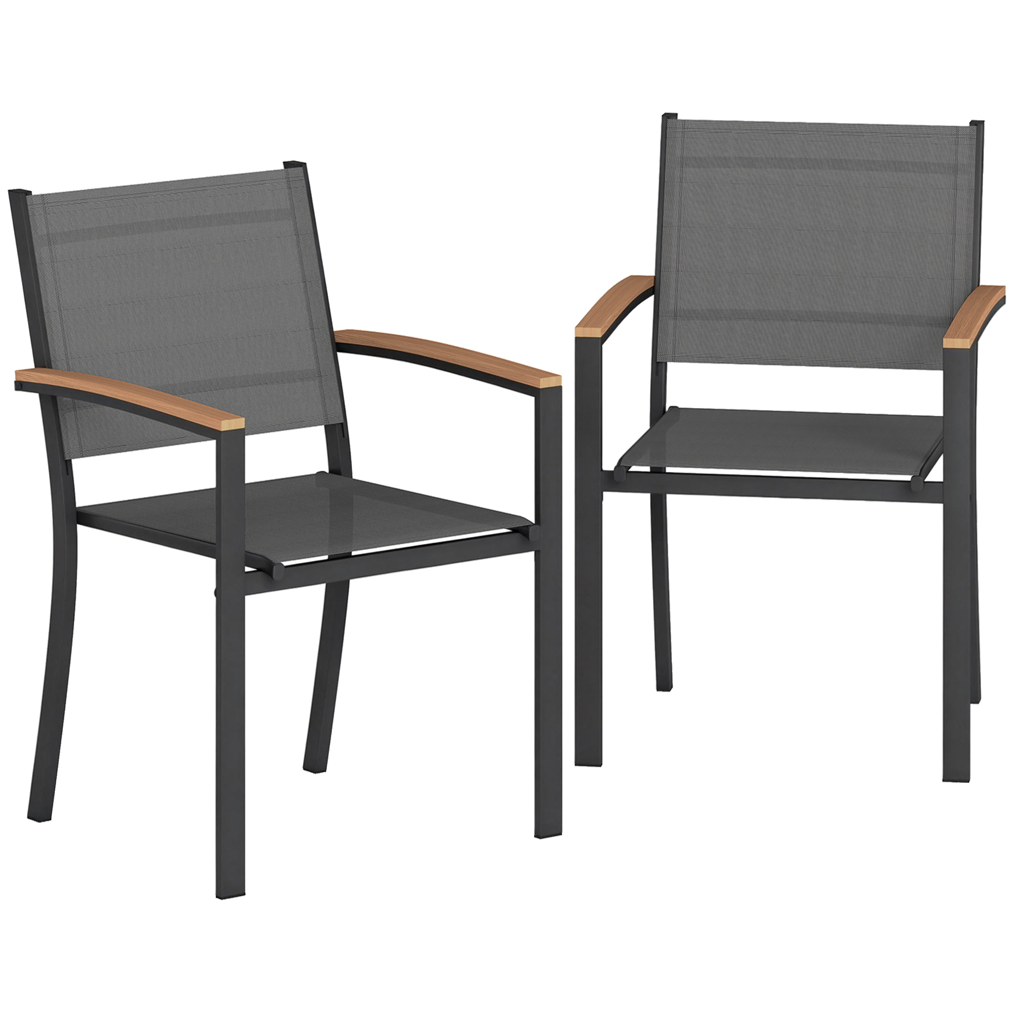Outsunny 2er-Set stapelbare Gartenstühle, WPC-Armlehnen, hohe Rückenlehne, Außen-Esszimmerstuhl für Balkon Terrasse Patio, Metall und Textilene, Grau Aosom
