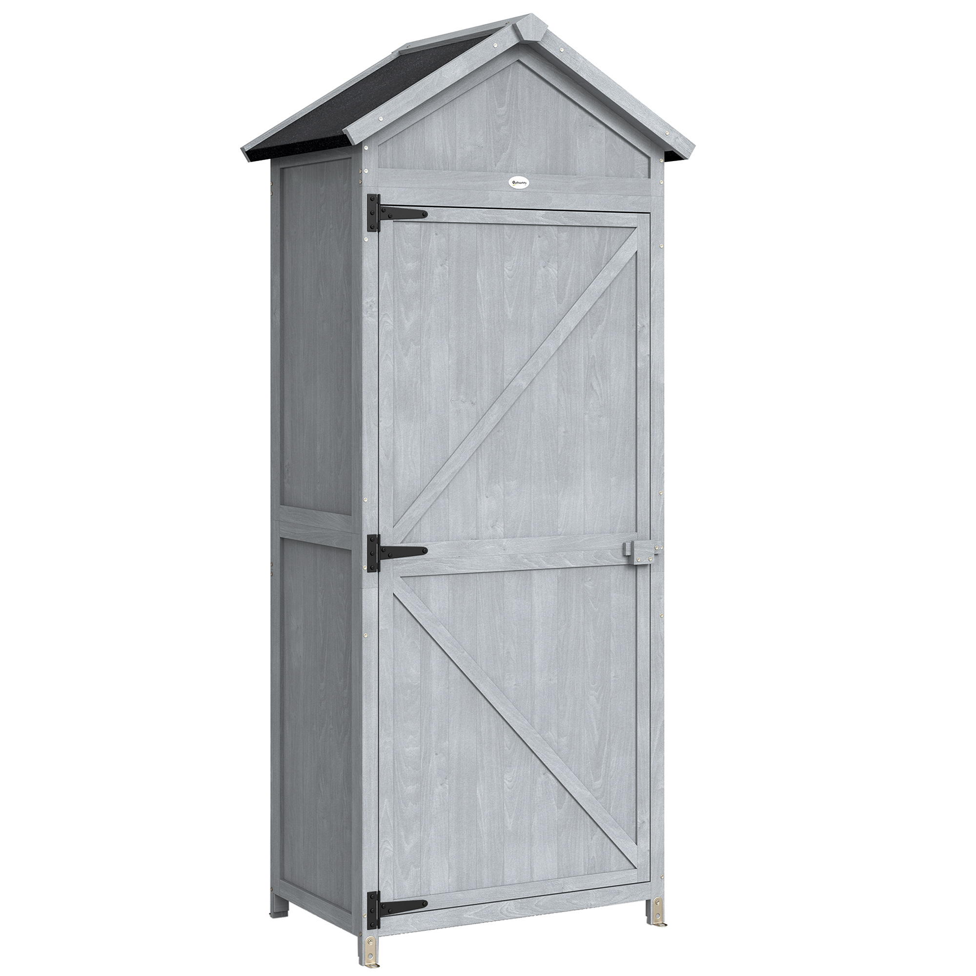 Outsunny Gartenschrank aus Fichtenholz, Geräteschuppen mit klappbarer Arbeitsfläche, Regale, schräges Bitumendach, Außengerätehaus, 77x52.5x178 cm, Grau   Aosom