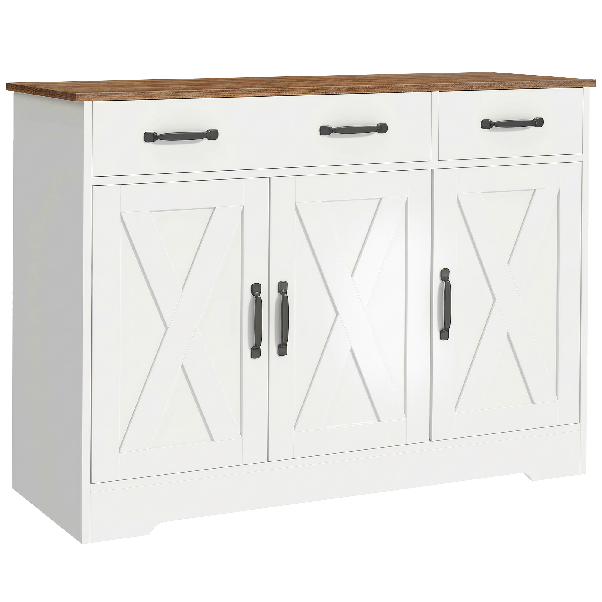 HOMCOM Küchenbuffet, Aufbewahrungsmöbel mit 3 Scheunentüren, 2 Schubladen und verstellbaren Einlegeböden, TV-Möbel für Fernseher bis 127 cm, für Wohn- und Schlafzimmer, 108 x 40 x 81 cm, Weiß   Aosom
