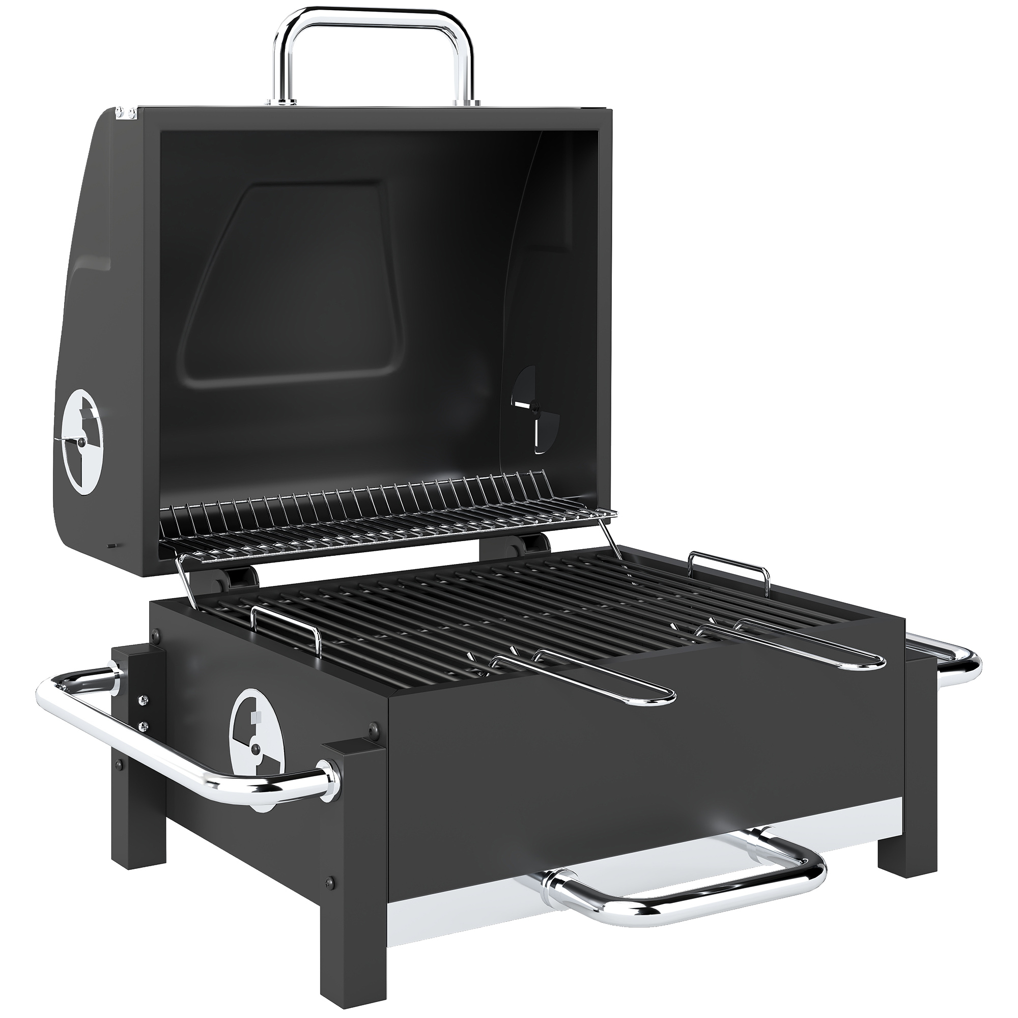 Outsunny Holzkohlegrill aus Stahl tragbarer BBQ Smoker mit Deckel verstellbare Lüftung zweistufige Kohlepfanne Thermometer, Holzkohle Grill für BBQ Camping Terrasse Garten 74,5 x 54 x 46 cm Schwarz Aosom