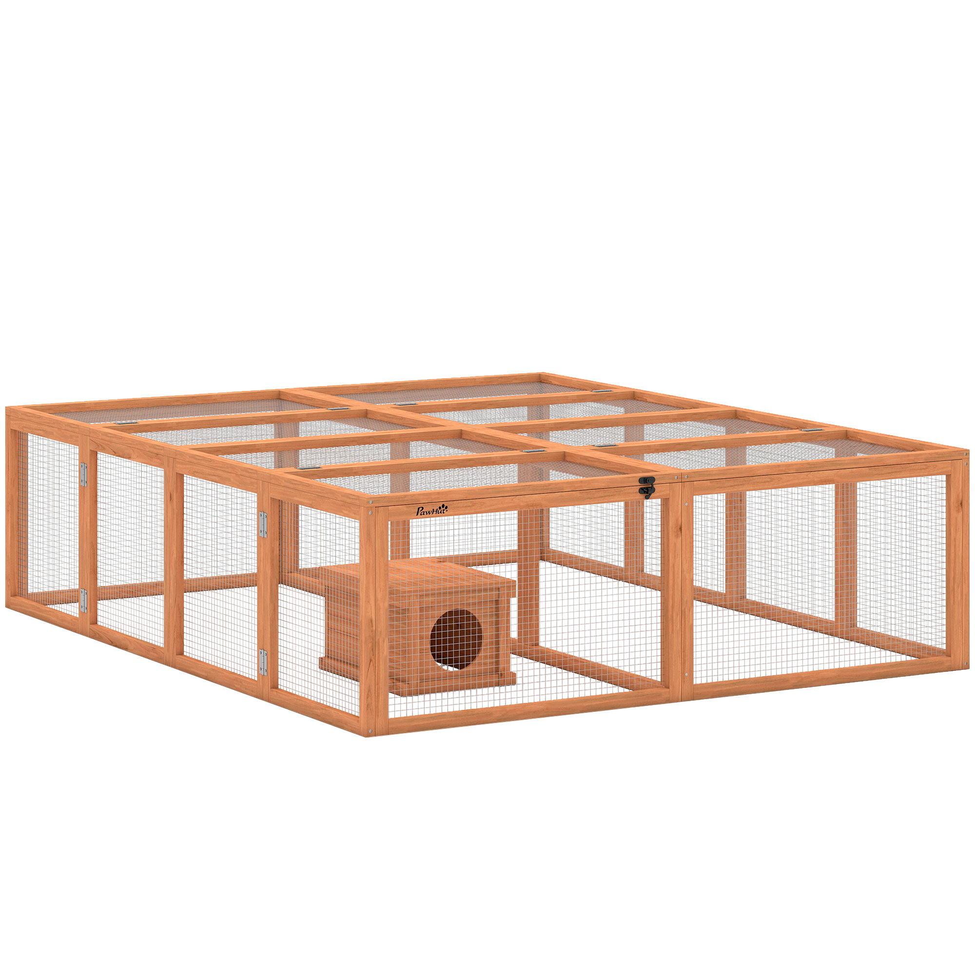 PawHut Freilaufgehege Kaninchenstall aus Holz mit 2 Türen 180,4 x 150 x 48 cm Hasenstall mit Unterschlupfhaus Freigehege für 2-4 Zwergkaninchen Zwergmeerschweinchen Enten Orange   Aosom