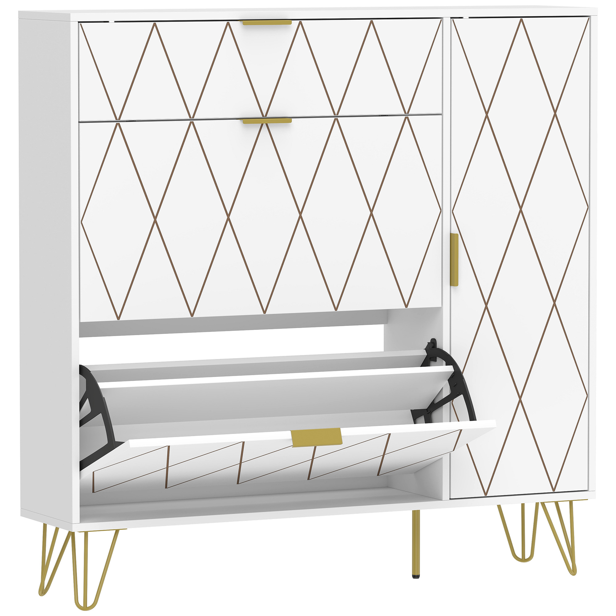 HOMCOM schmaler Schuhschrank mit 2 klappbaren Schubladen, moderner Schuhschrank mit Seitenschrank und verstellbaren Einlegeböden, 10-14 Paar Schuhe, für Flur/Eingang, 110x25x110,6 cm, Weiß   Aosom