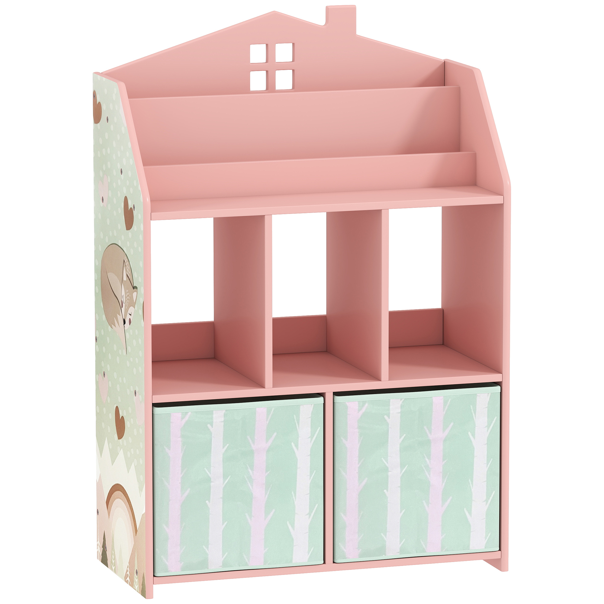 AIYAPLAY Kinderregal Bücherregal Kinder mit 2 Stoffschubladen offen Regal Spielzeugregal für 3-8 Jahre Kinderzimmerregal für Spielzeug Bücher für Spielzimmer Kinderzimmer 62,5x30x91,5 cm Rosa Aosom