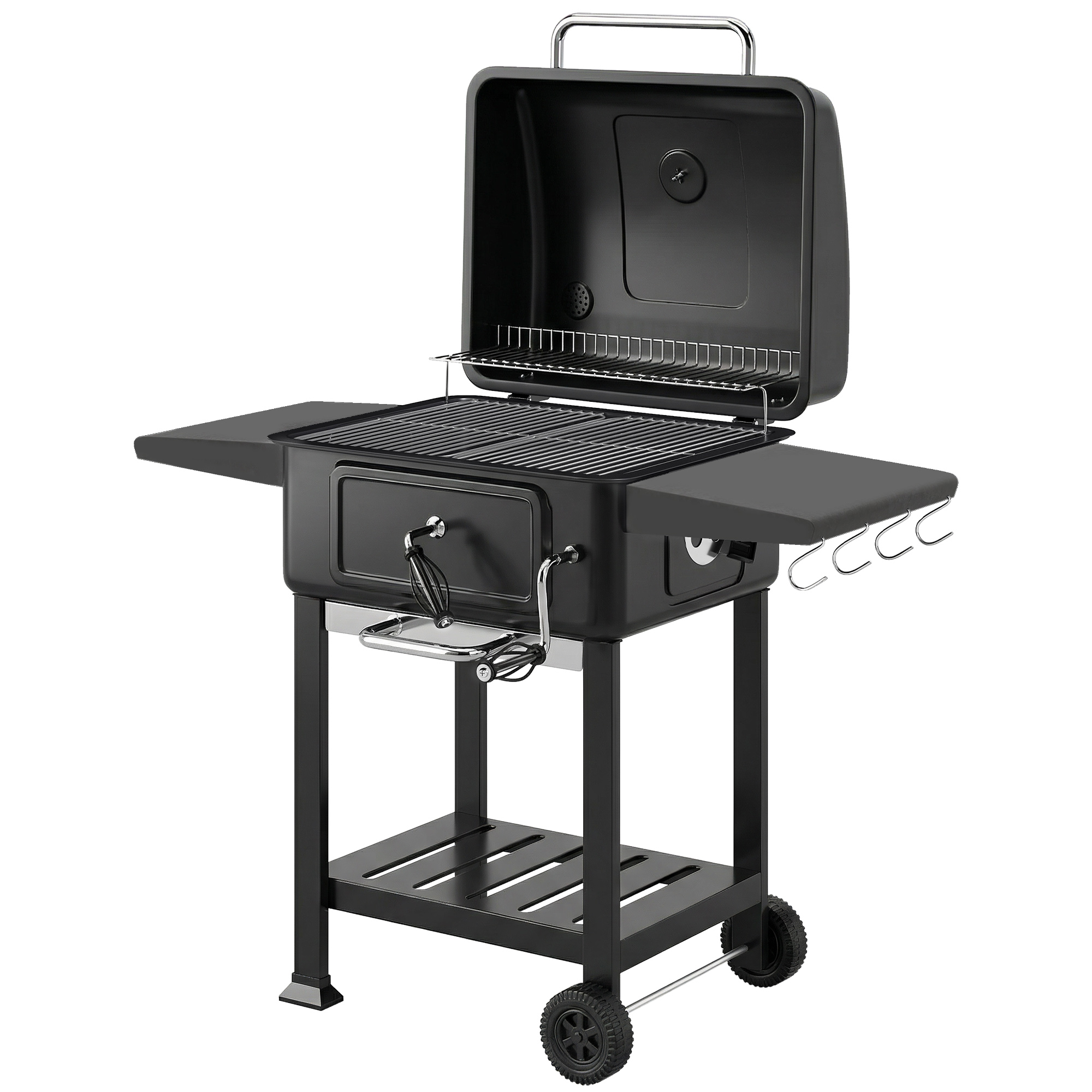 Outsunny Holzkohlegrill BBQ Smoker mit Deckel Thermometer höhenverstellbar Kohlepfanne Kamin Grillrost Seitentisch Aschefach Lüftung, Grillwagen mit Räder Kohlegrillwagen für Camping Garten   Aosom