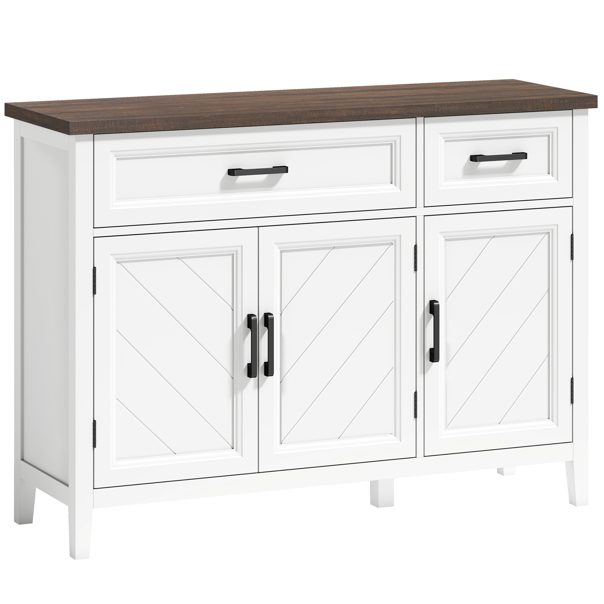 HOMCOM Sideboard, Aufbewahrung mit 3 Chevron-Türen, 2 Schubladen und 2 verstellbaren Einlegeböden, rustikaler Stil, Esszimmer- und Küchen-Sideboard, 110 x 35 x 80,5 cm, Weiß Aosom